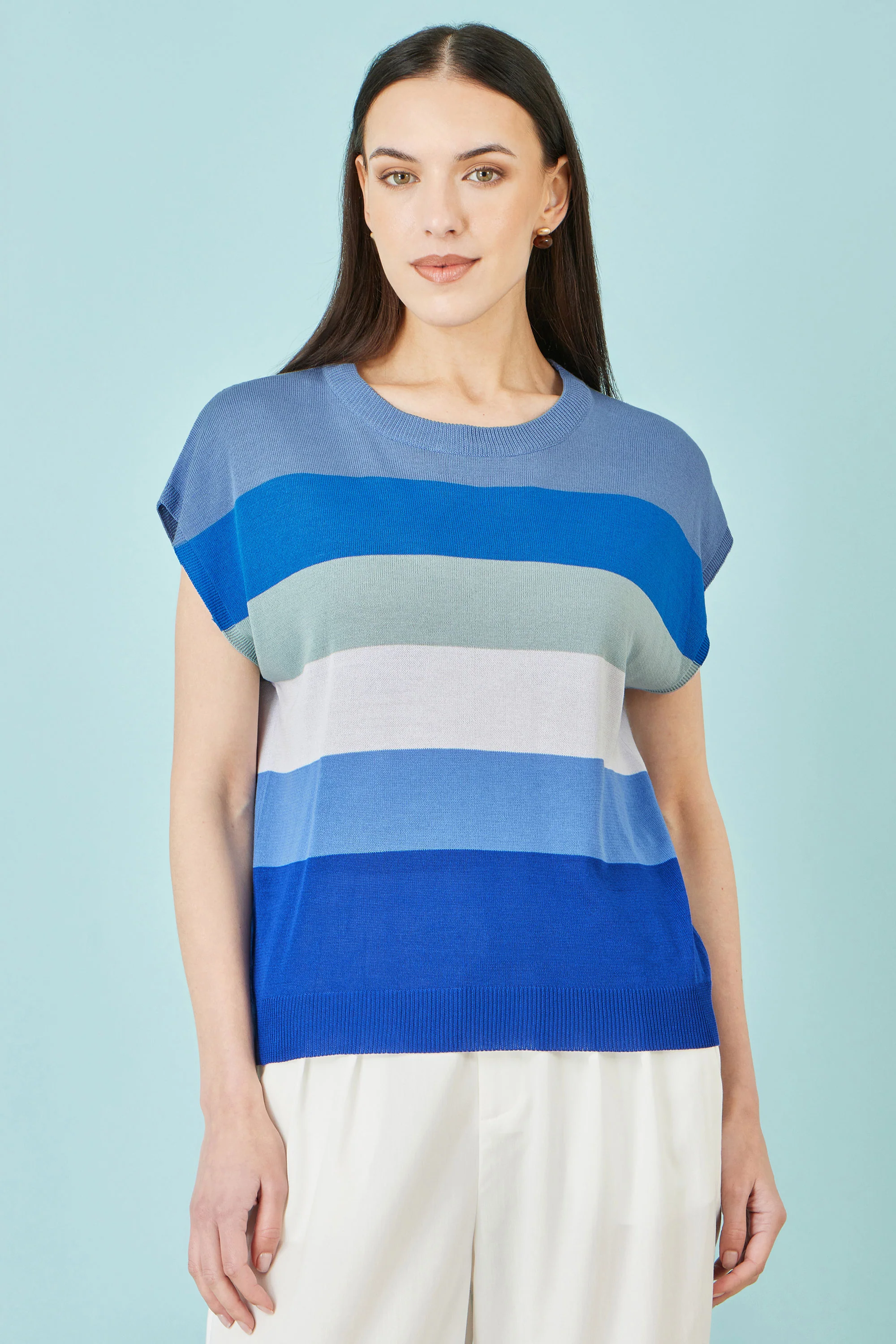 Yumi Blue Block Stripe Relaxed Knitted Top