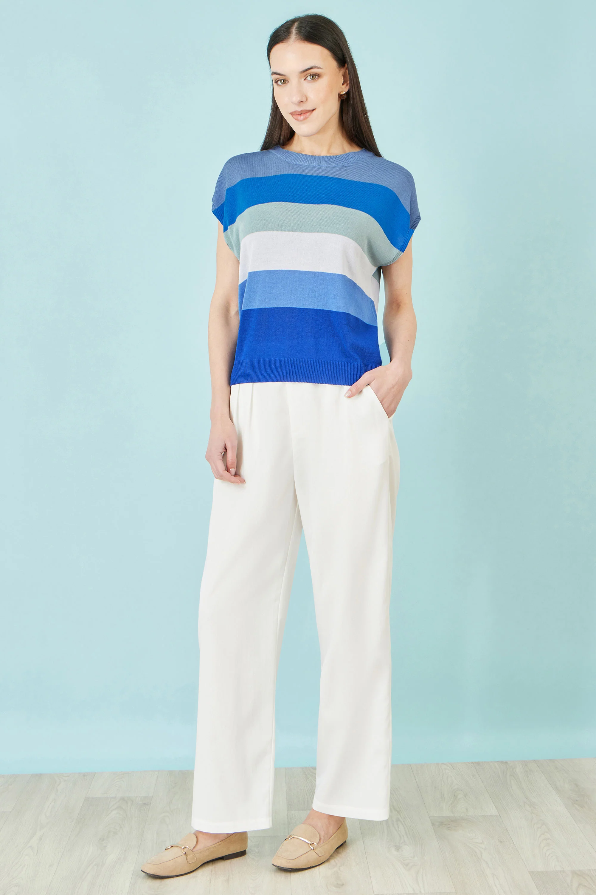 Yumi Blue Block Stripe Relaxed Knitted Top - Image 2