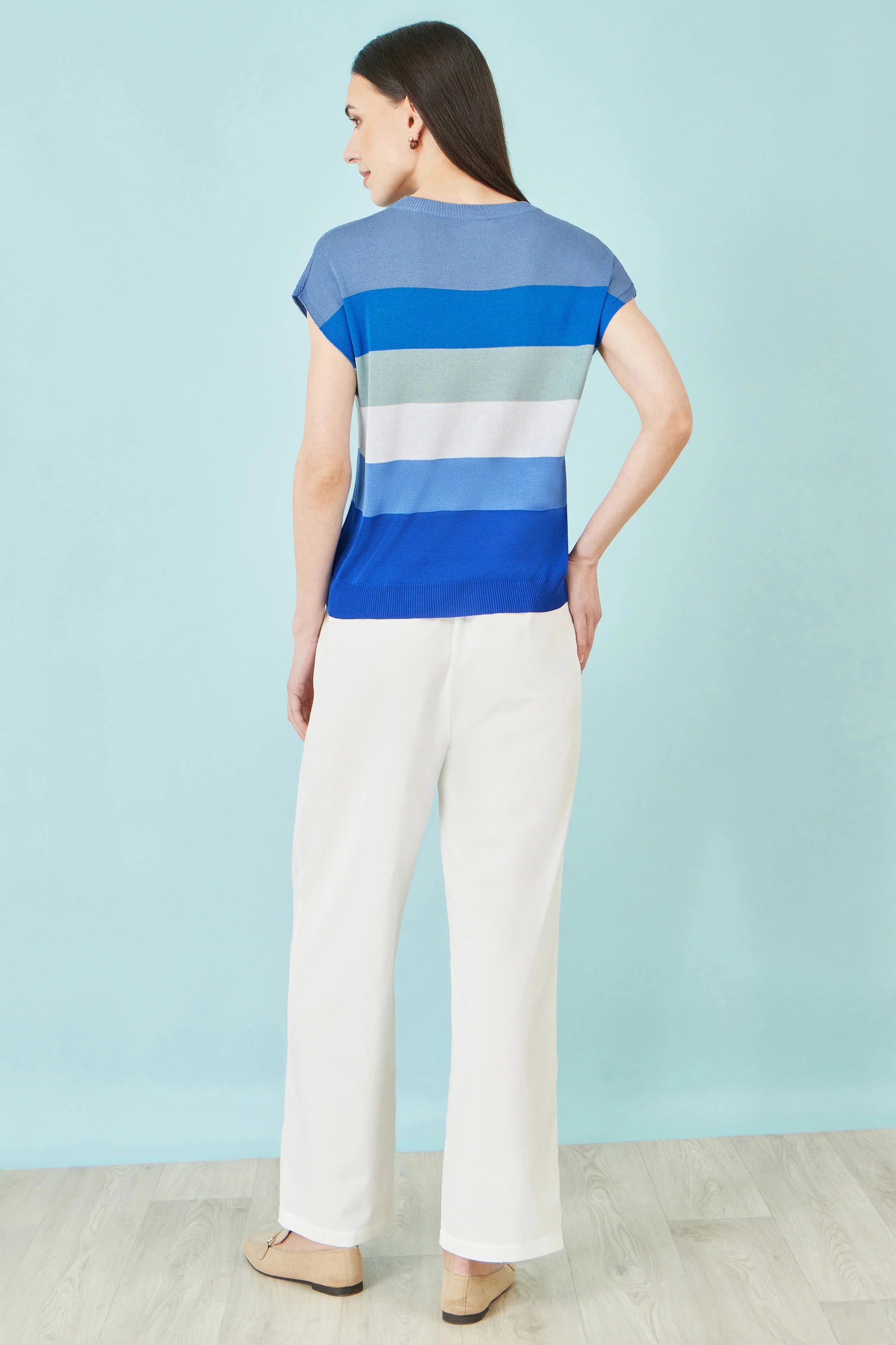 Yumi Blue Block Stripe Relaxed Knitted Top - Image 3