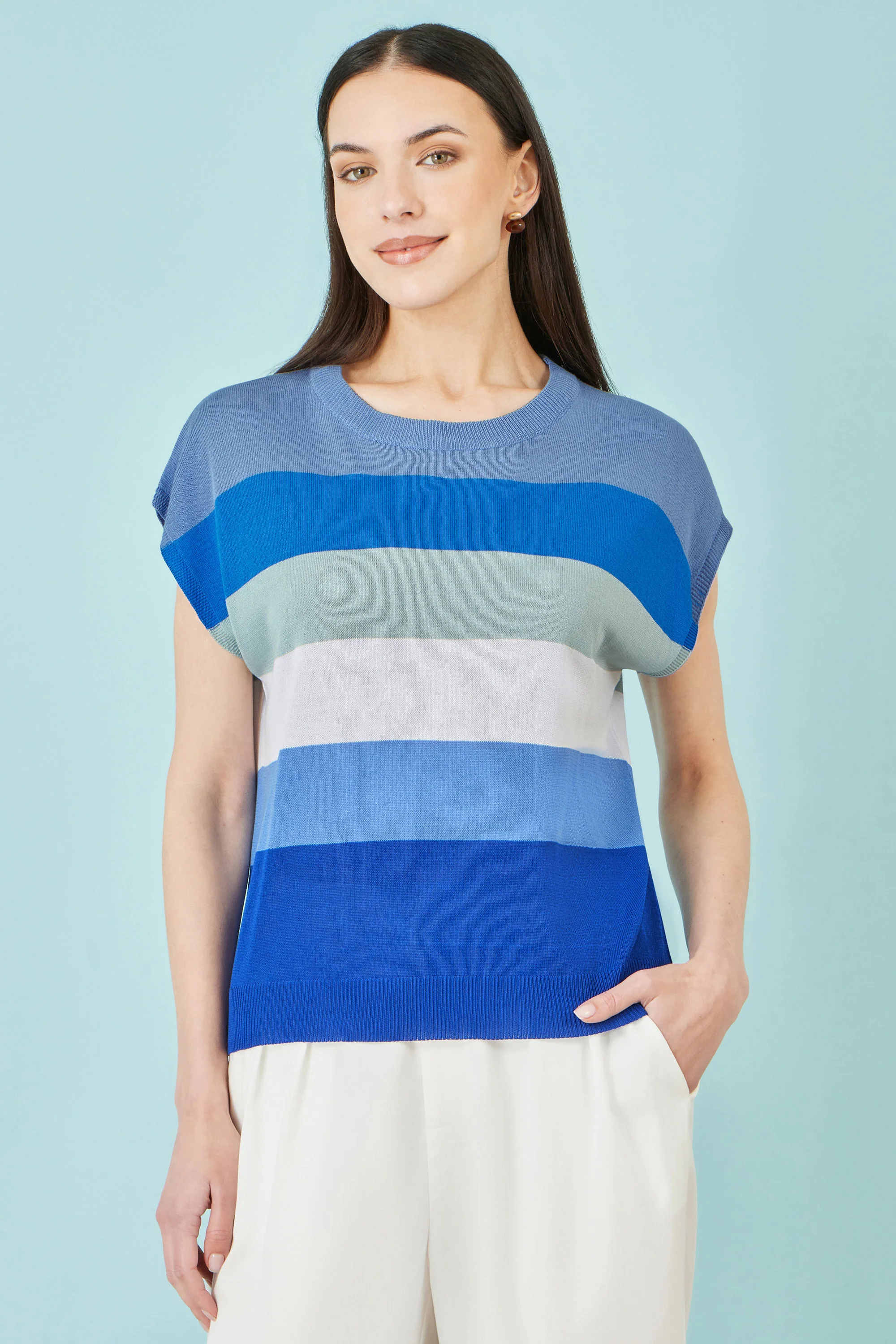 Yumi Blue Block Stripe Relaxed Knitted Top - Image 4