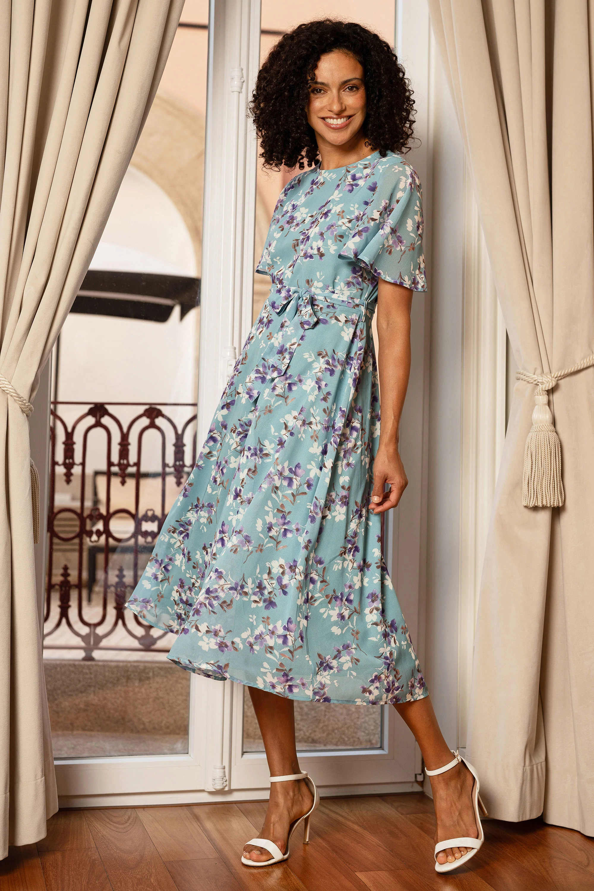 Yumi Blue Blossom Skater Midi Dress With Angel Sleeves - Image 6