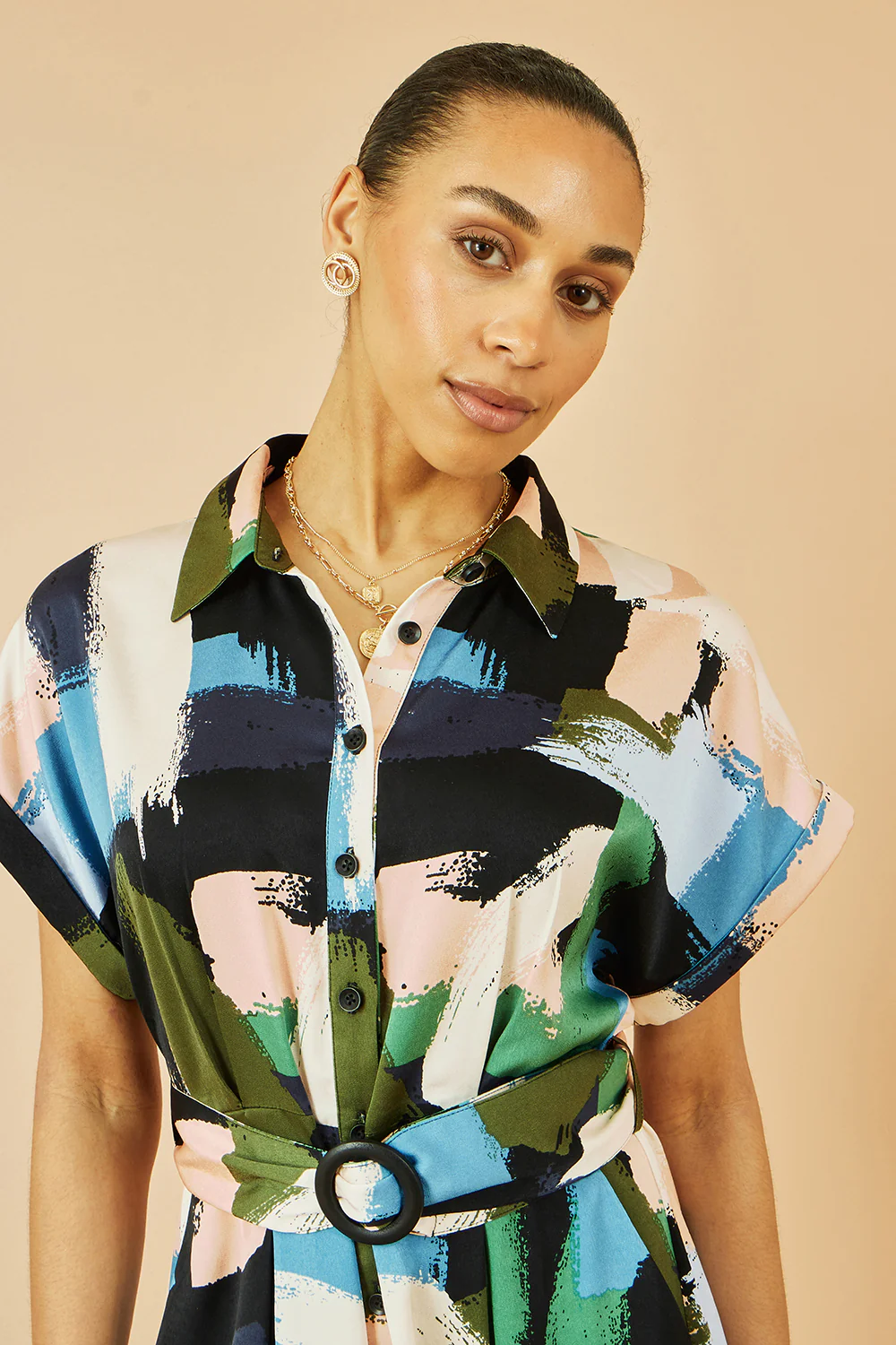 Yumi Blue Brushstroke Print Relaxed Midi shirt Dress - Image 2