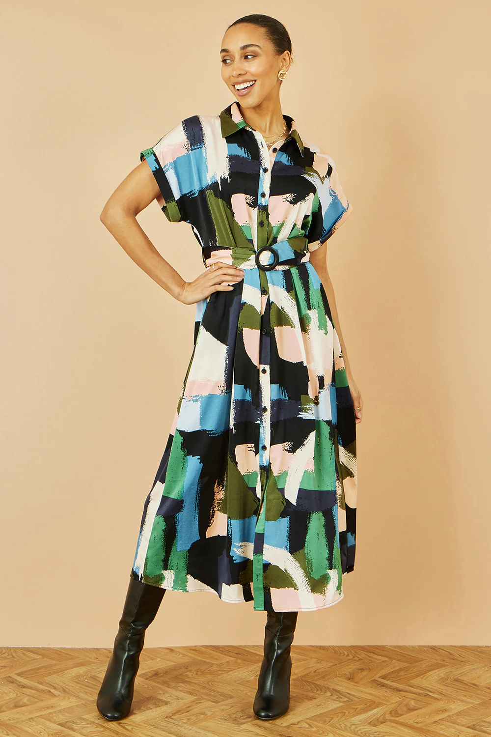Yumi Blue Brushstroke Print Relaxed Midi shirt Dress - Image 3