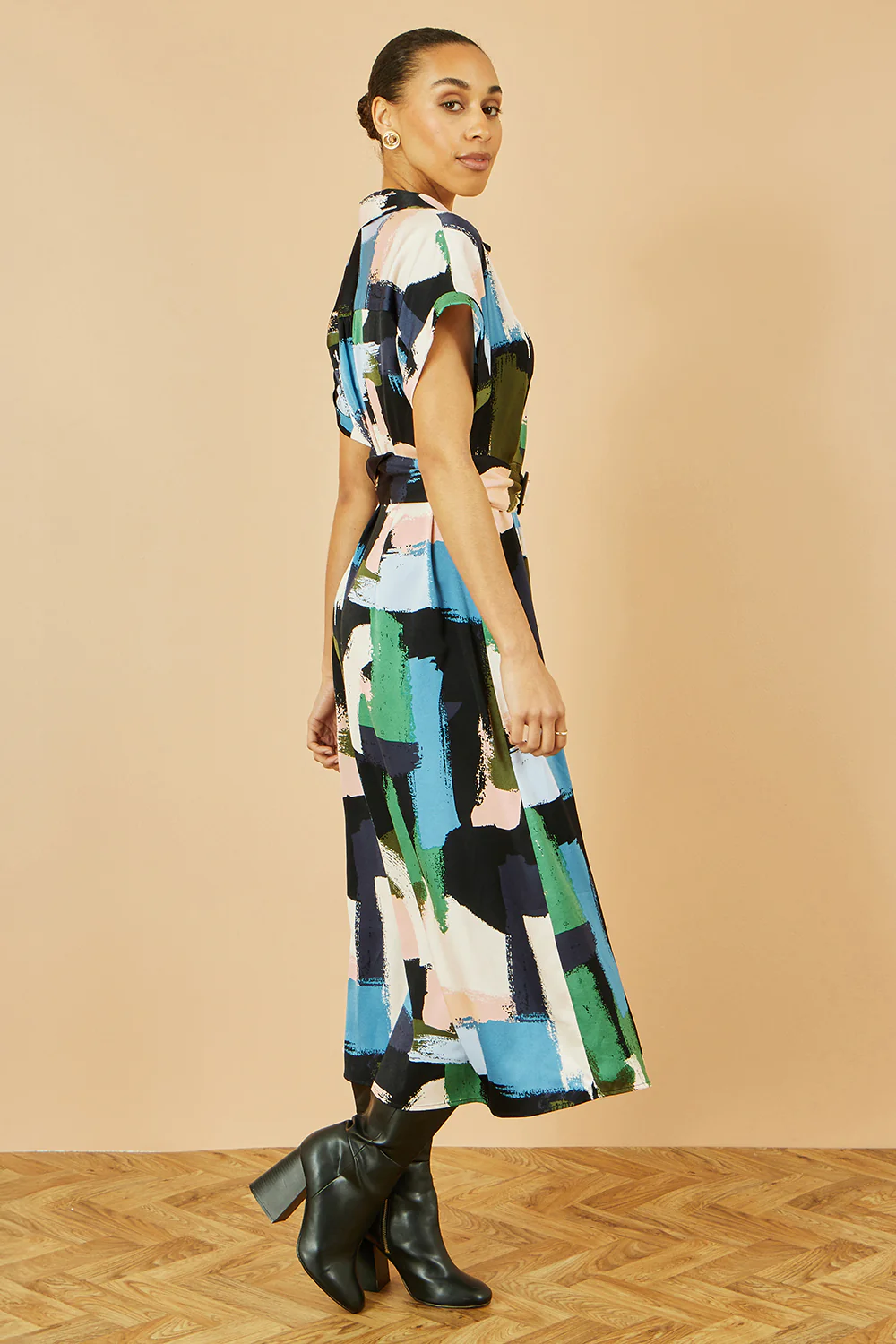 Yumi Blue Brushstroke Print Relaxed Midi shirt Dress - Image 4