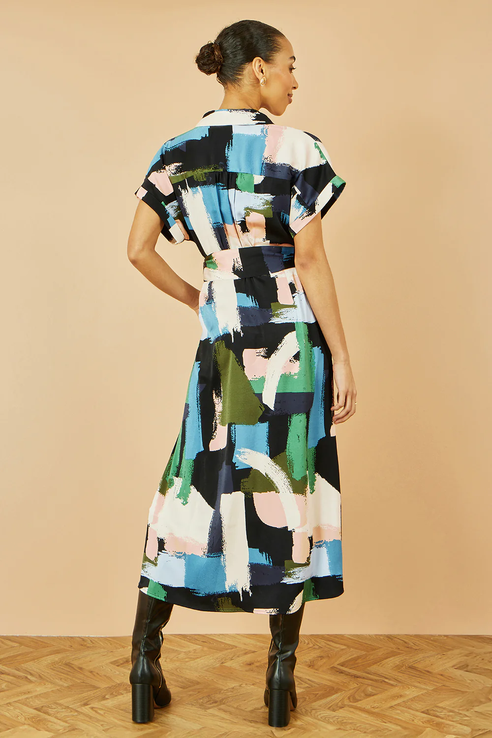 Yumi Blue Brushstroke Print Relaxed Midi shirt Dress - Image 5
