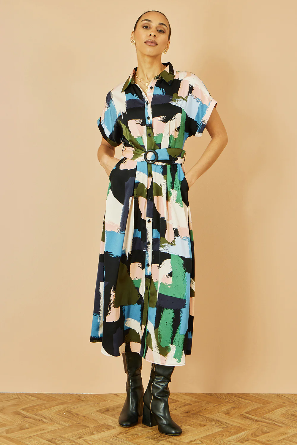 Yumi Blue Brushstroke Print Relaxed Midi shirt Dress - Image 6