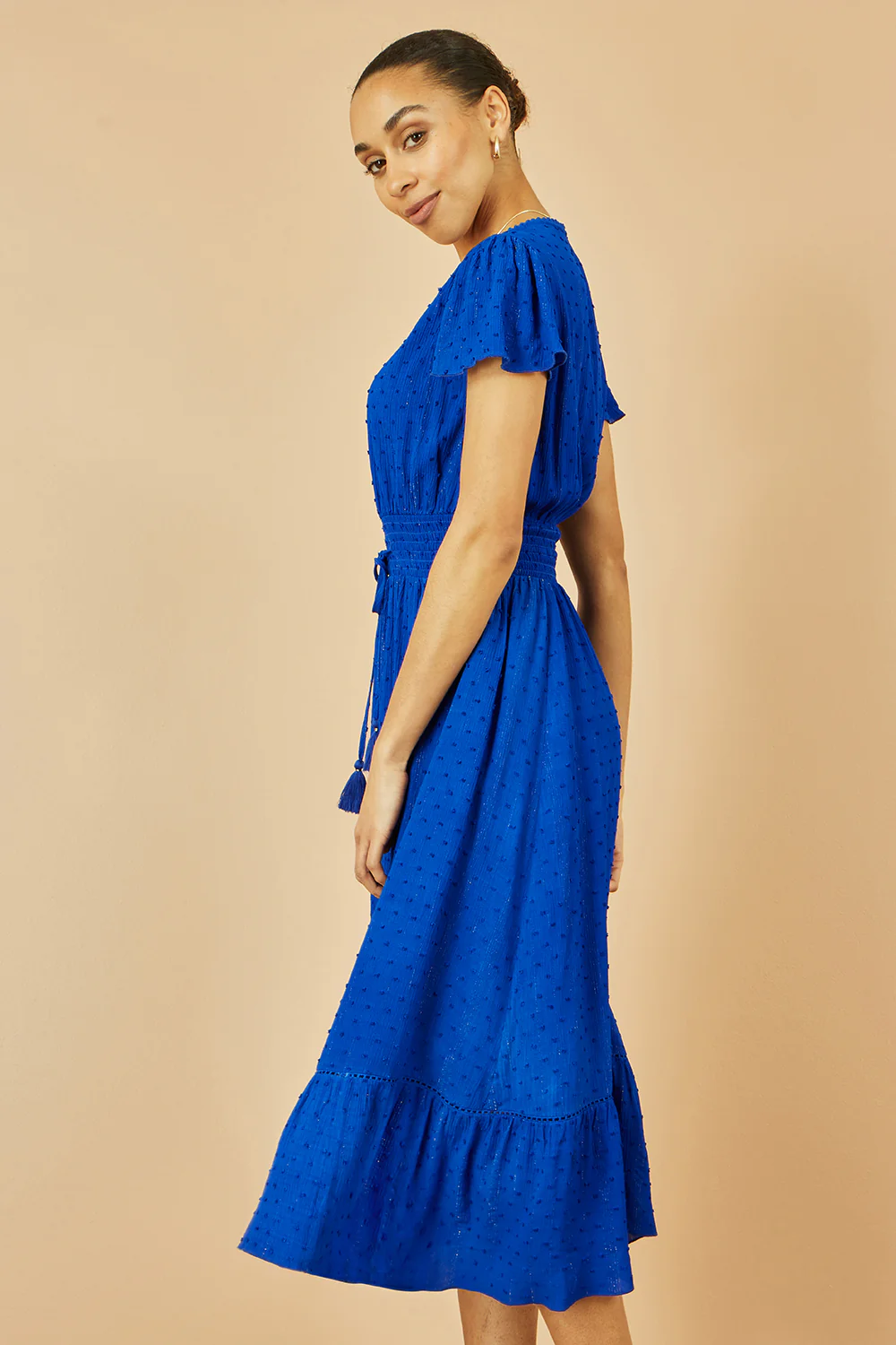 Yumi Blue Button Detail Midi Dress With Ruched Waist And Metallic Thread - Image 5