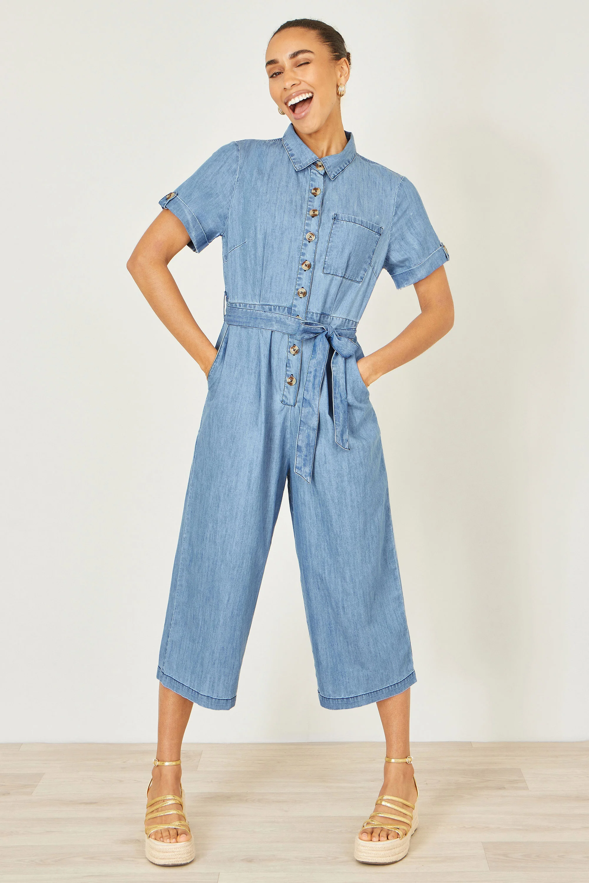 Yumi Blue Chambray Light Denim Button Jumpsuit - Image 3