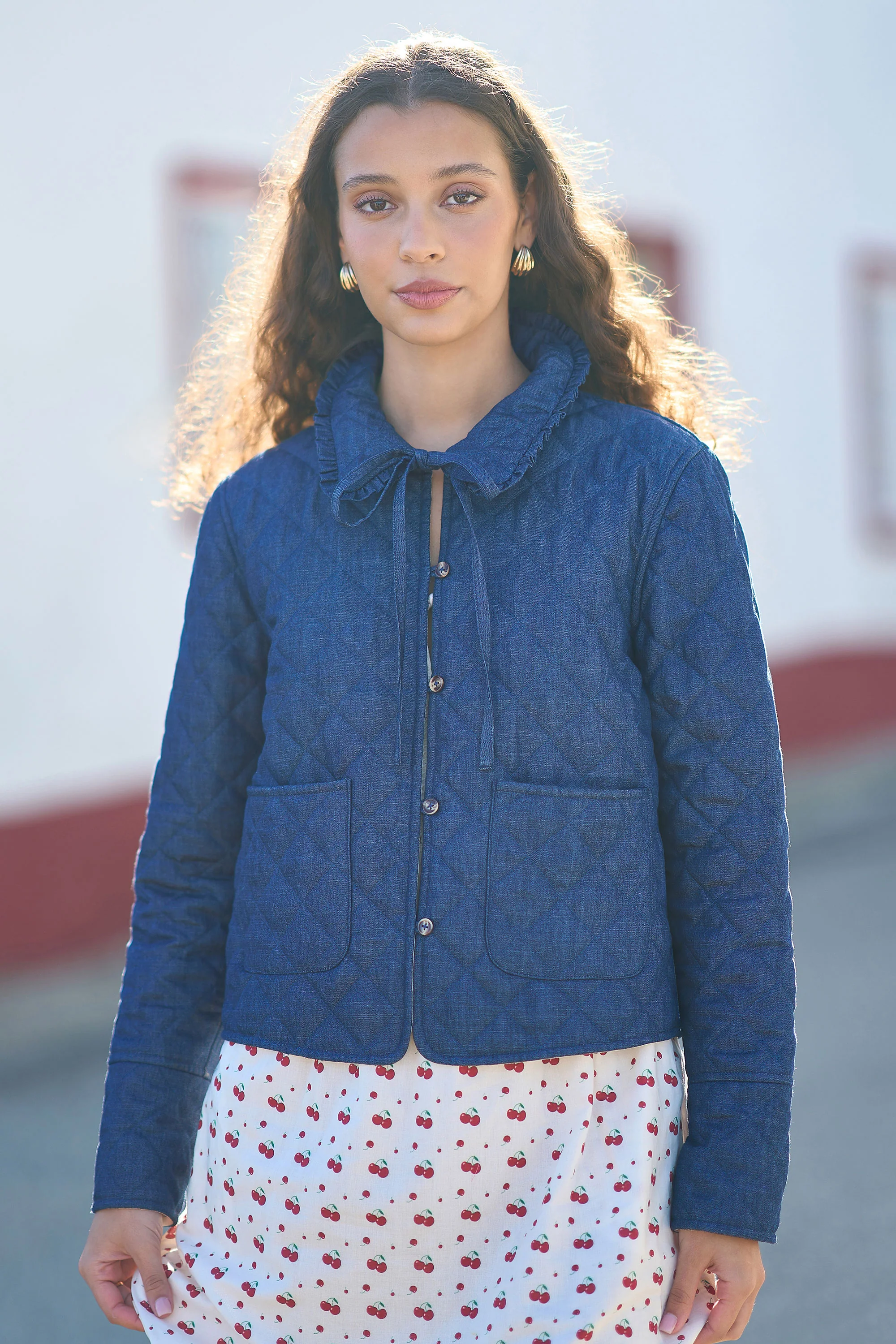Yumi Blue Chambray Quilted Jacket With Cherry Lining - Image 4
