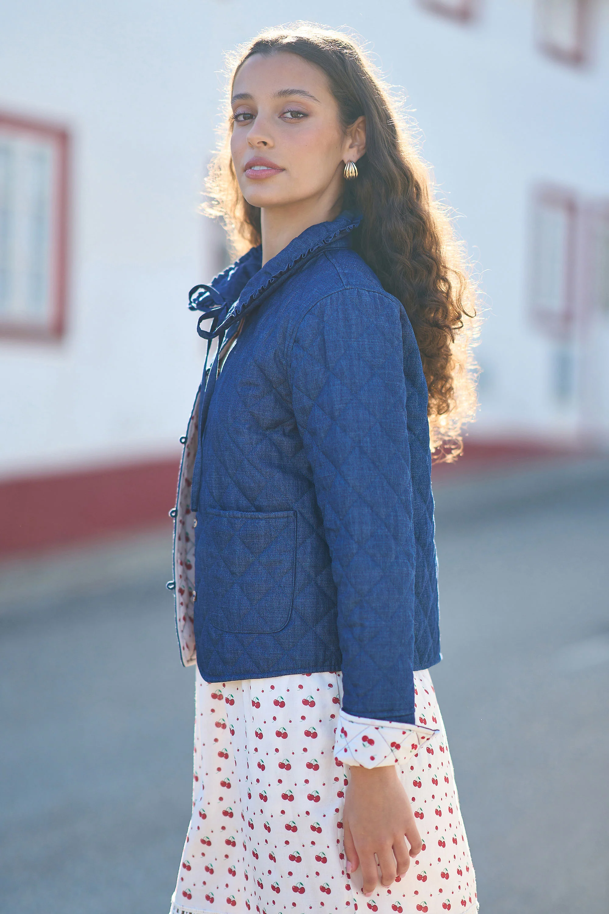 Yumi Blue Chambray Quilted Jacket With Cherry Lining - Image 7