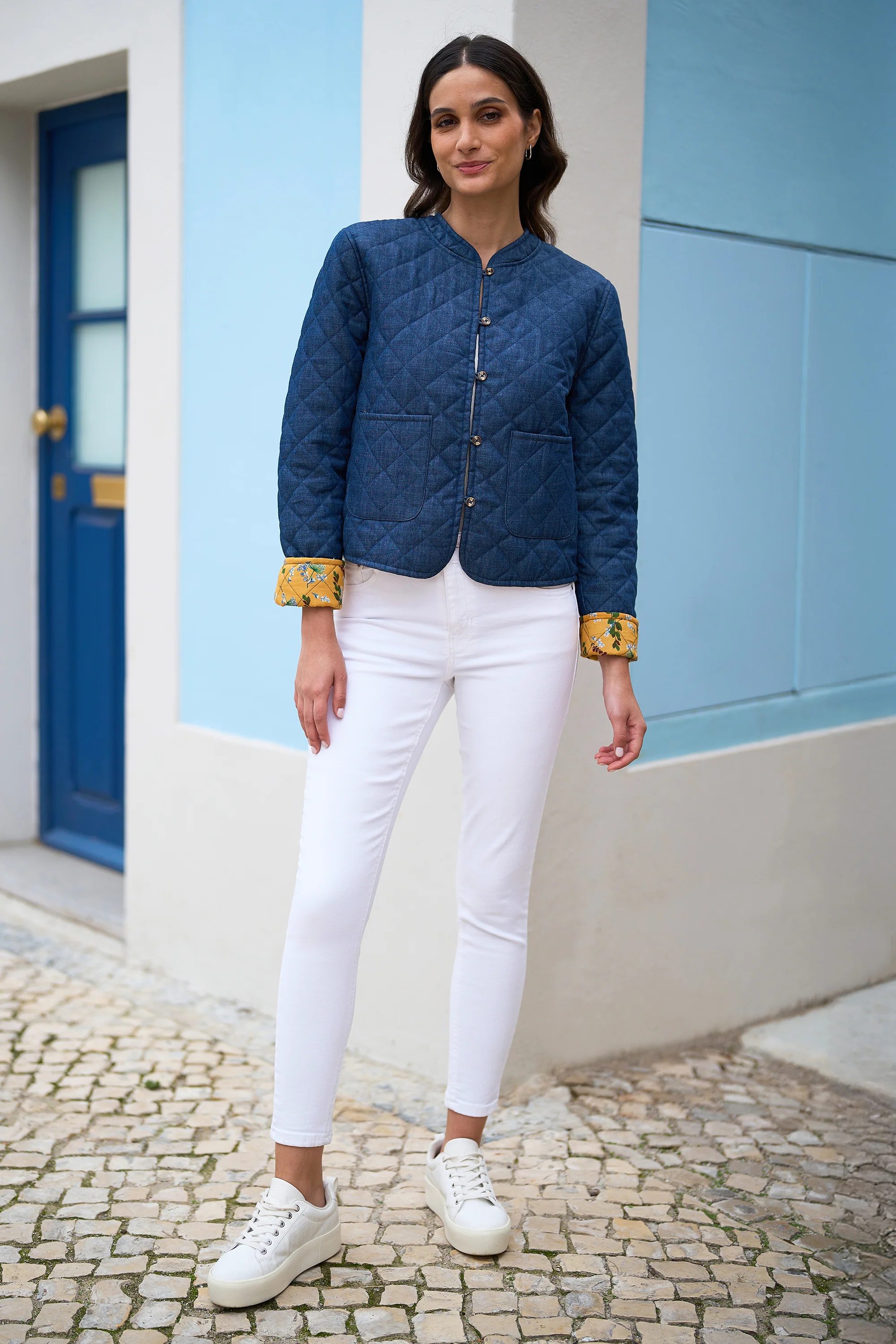Yumi Blue Chambray Quilted Jacket With Reversible Floral Lining - Image 3