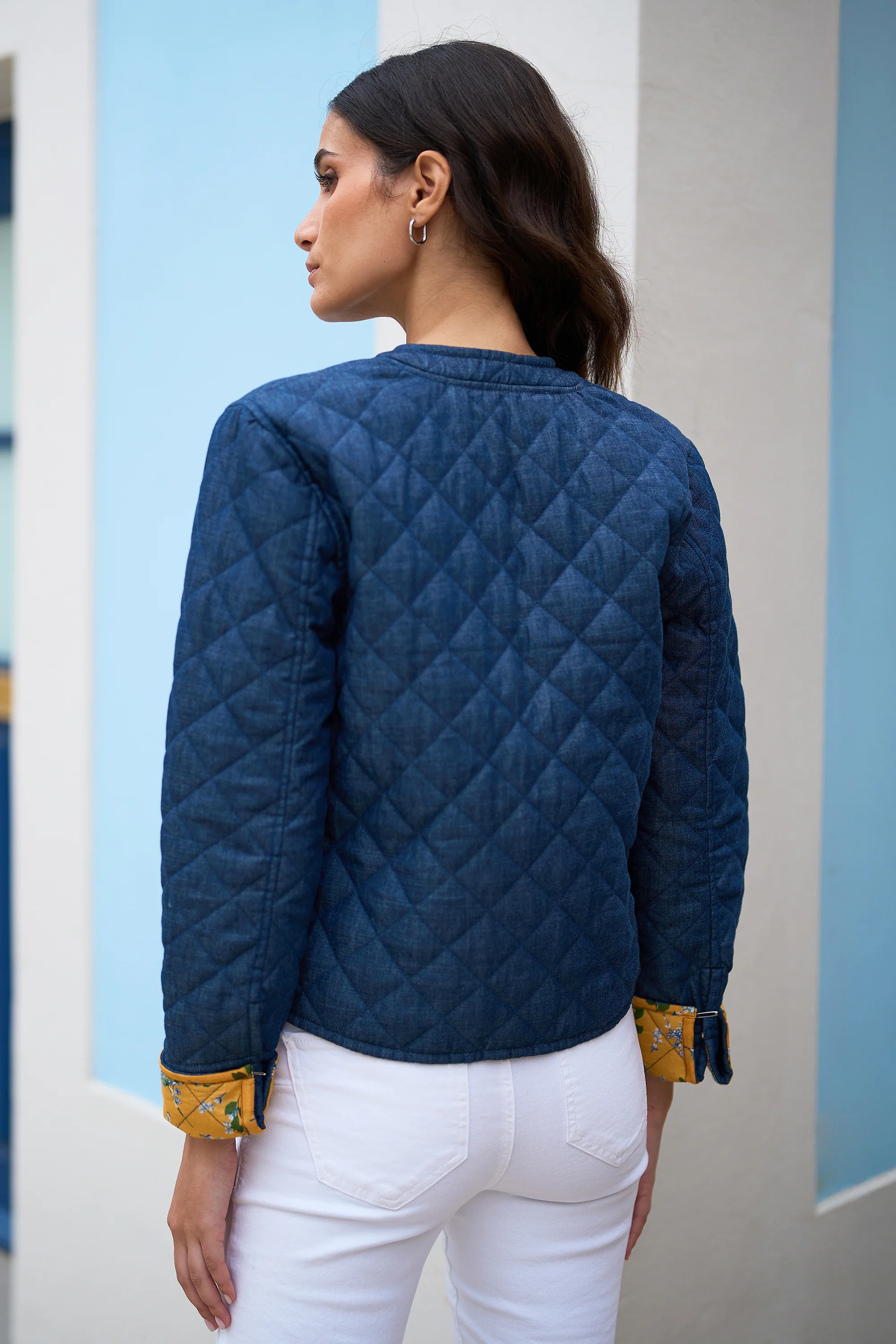 Yumi Blue Chambray Quilted Jacket With Reversible Floral Lining - Image 4