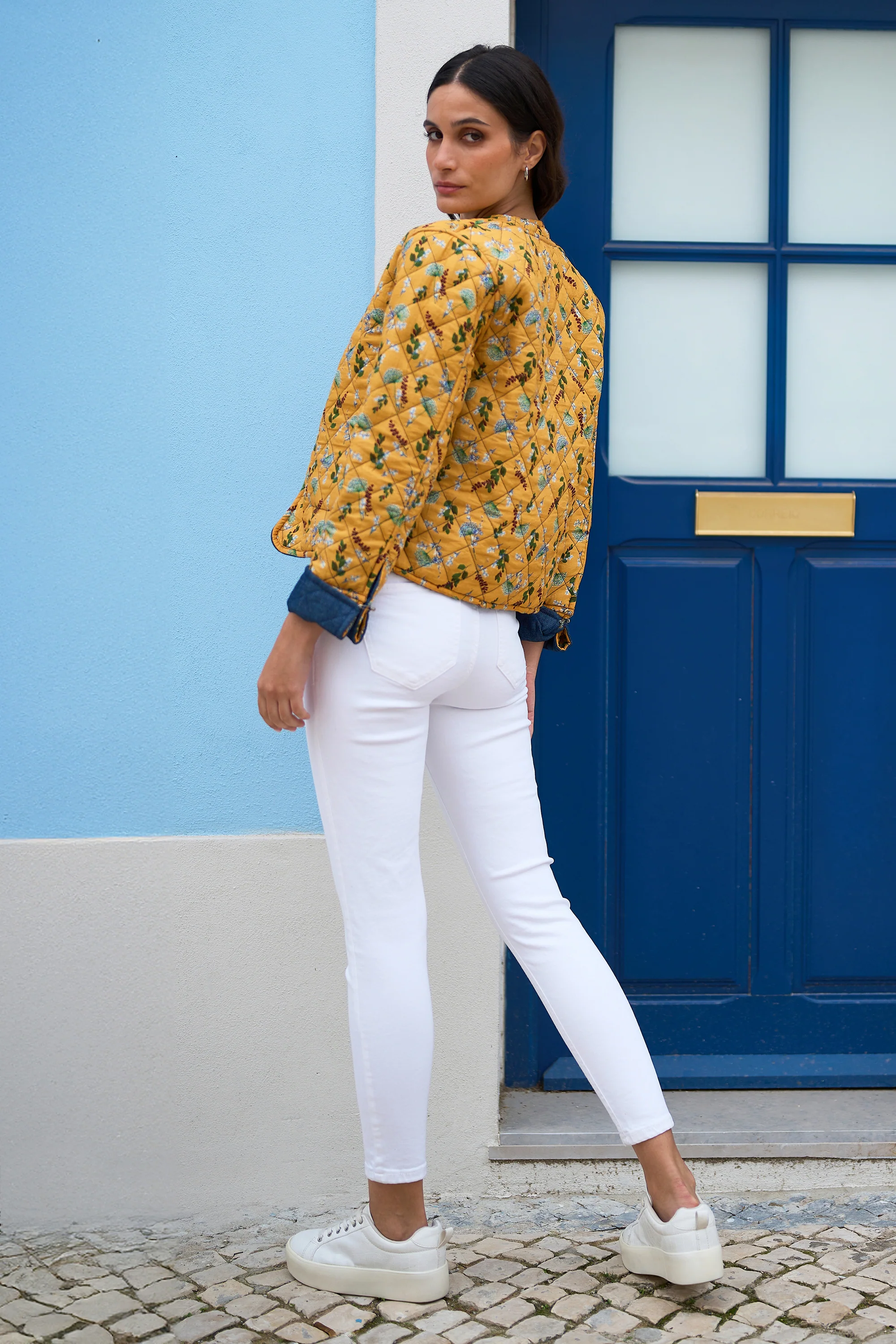 Yumi Blue Chambray Quilted Jacket With Reversible Floral Lining - Image 5
