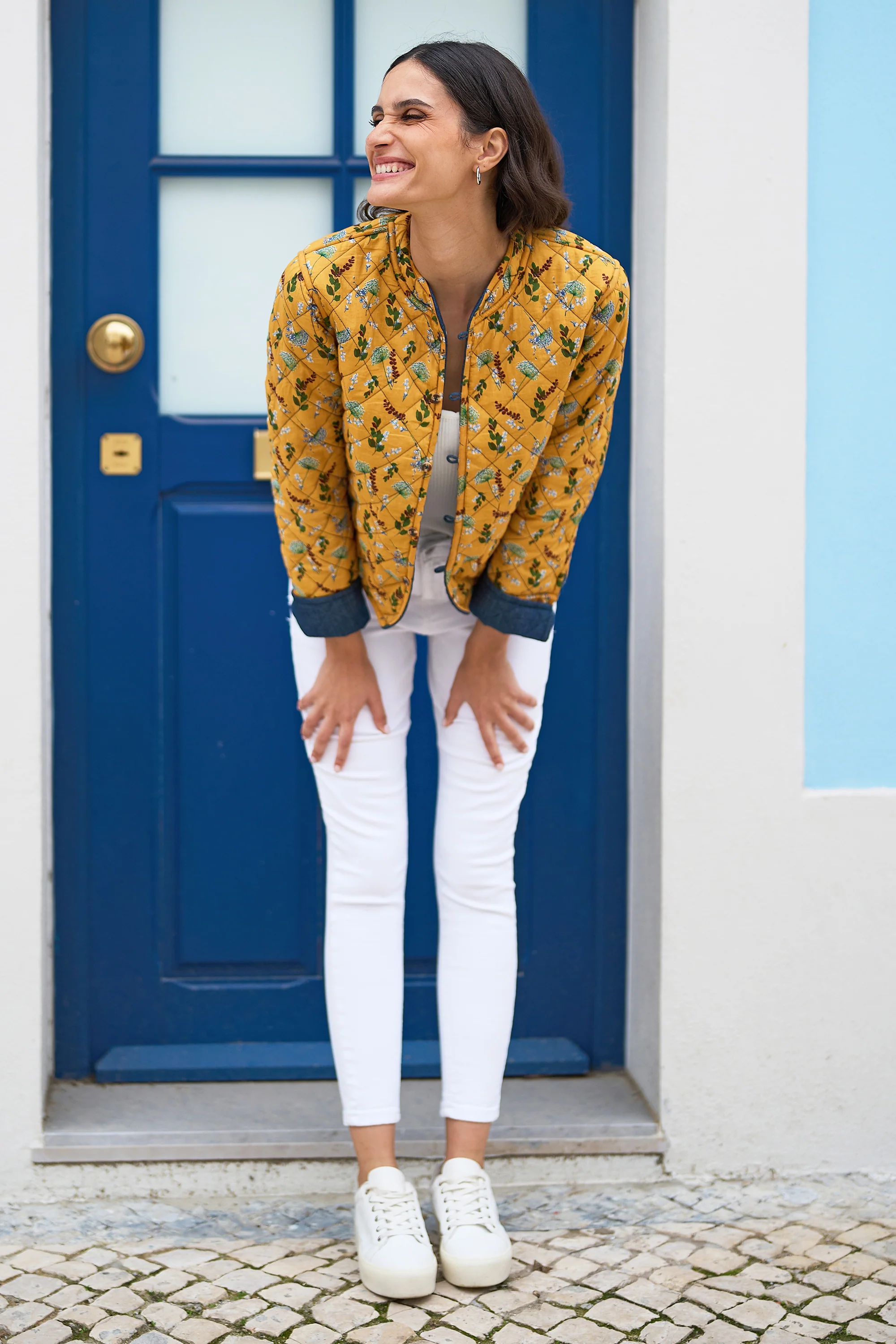 Yumi Blue Chambray Quilted Jacket With Reversible Floral Lining - Image 7