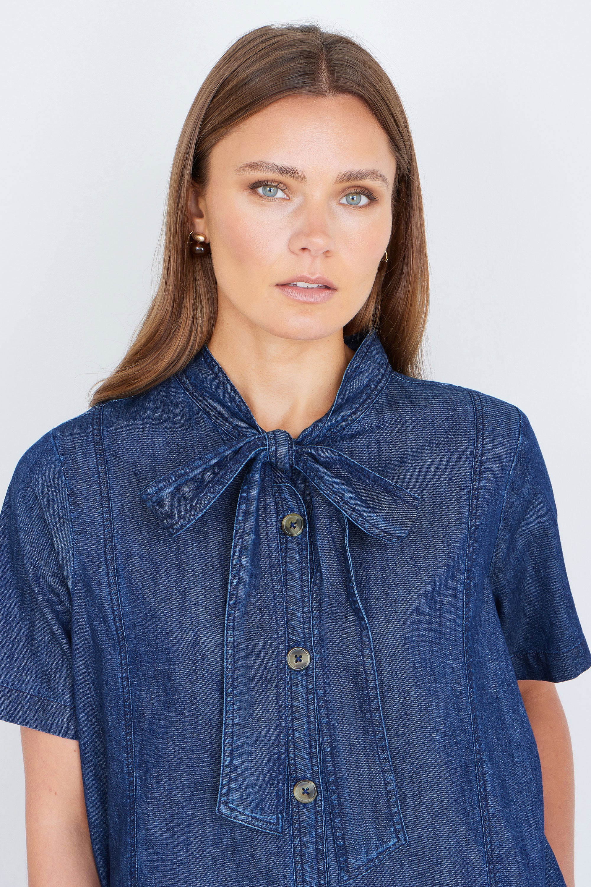 Yumi Blue Chambray Tunic With Pussy Bow Tie - Image 3