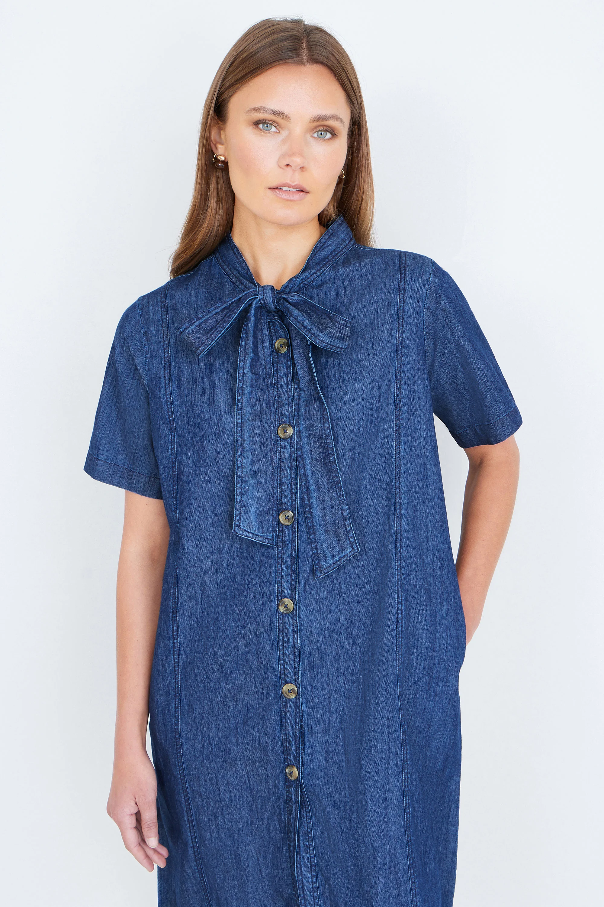 Yumi Blue Chambray Tunic With Pussy Bow Tie - Image 5