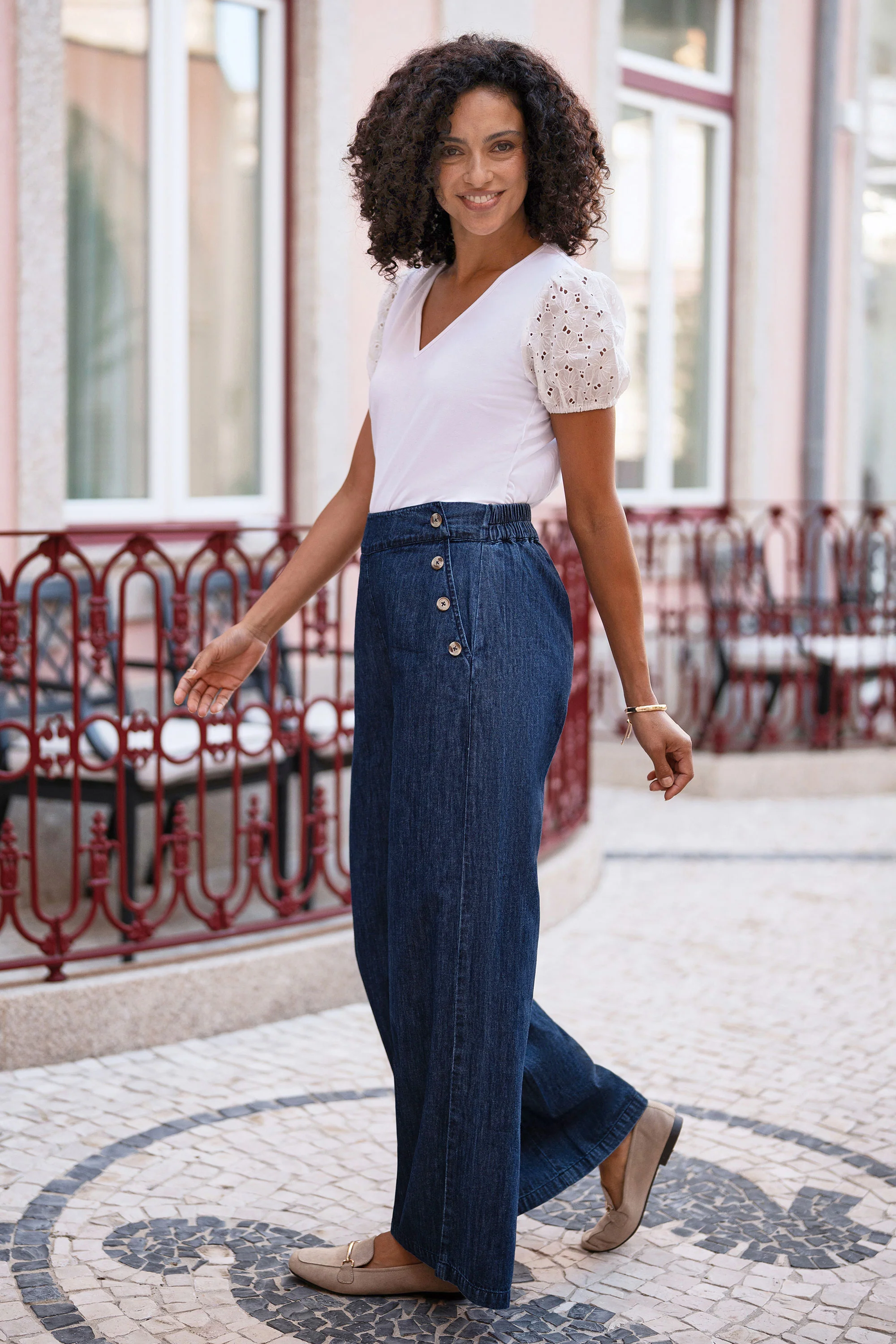 Yumi Blue Chambray Wide Leg Trousers With Button Details - Image 7