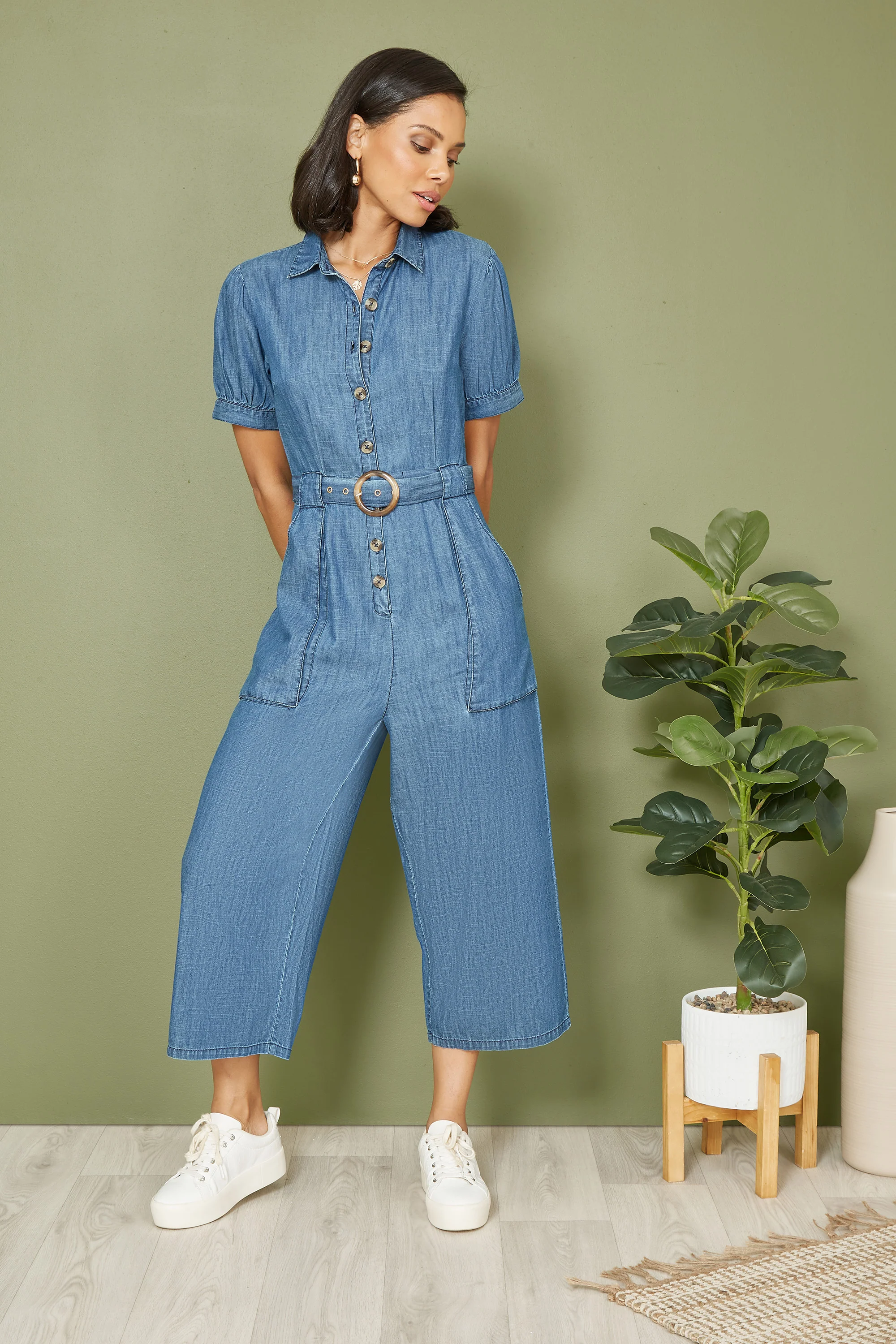 Yumi Blue Cotton Chambray Button Up Jumpsuit - Image 2