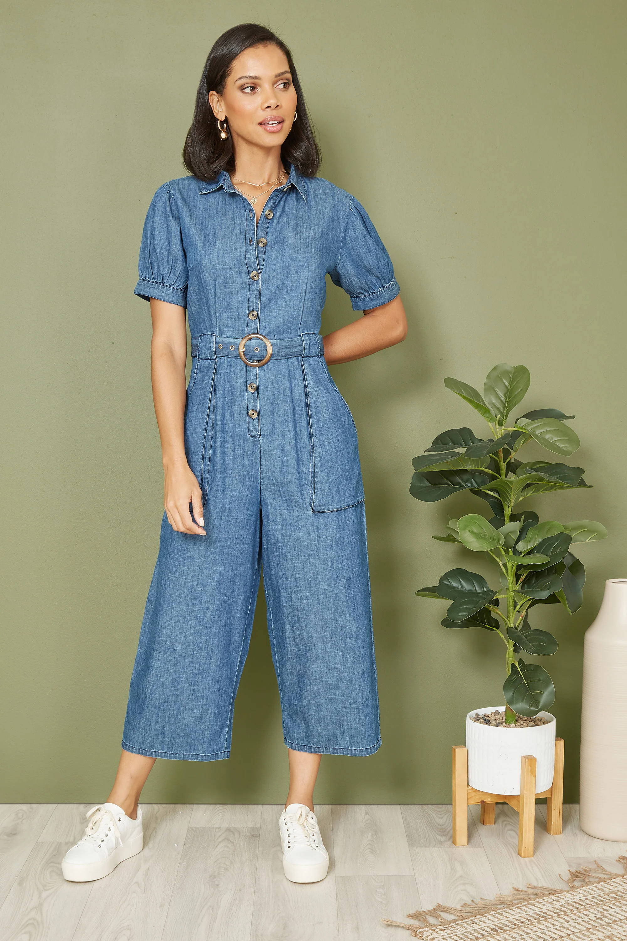 Yumi Blue Cotton Chambray Button Up Jumpsuit - Image 4