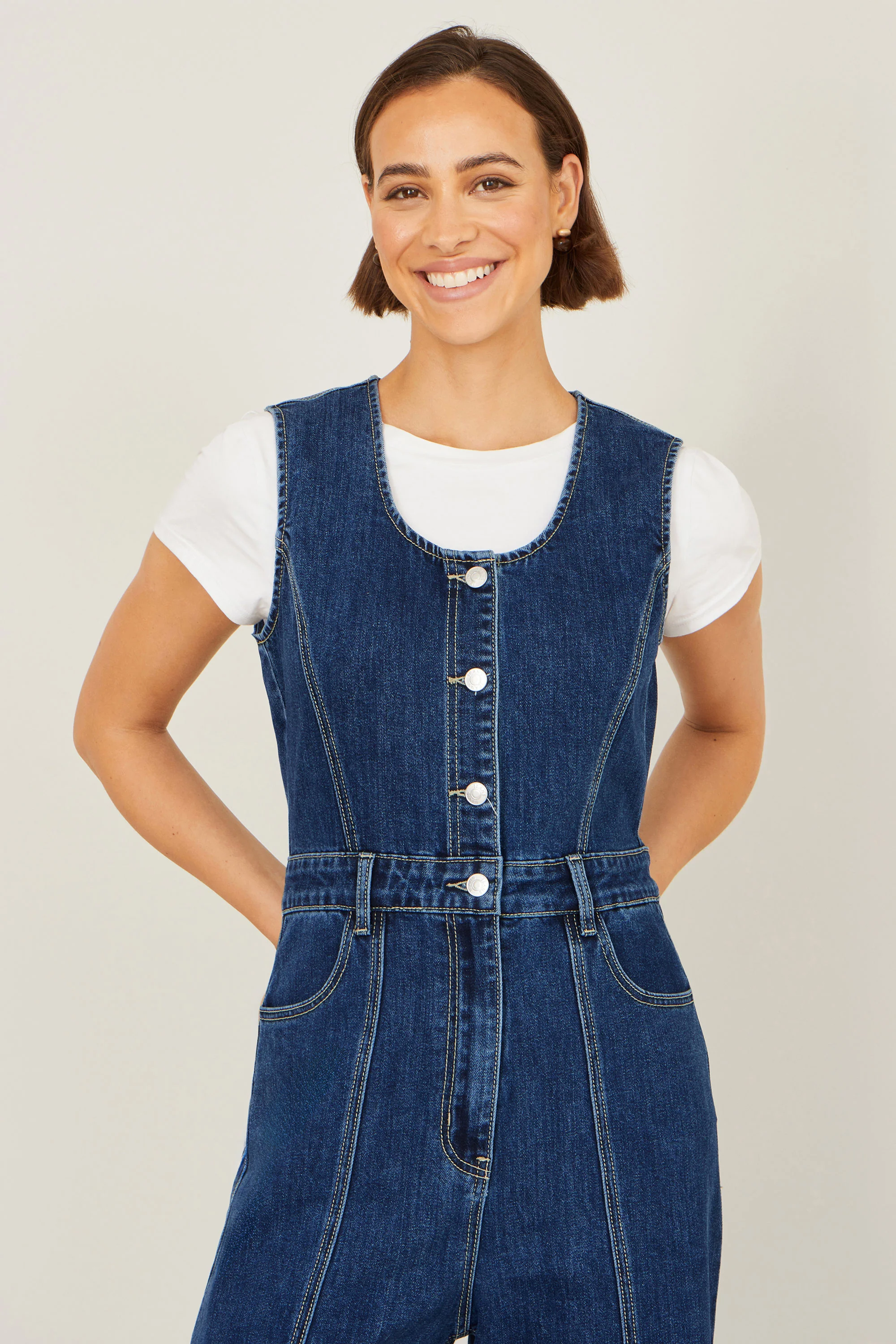 Yumi Blue Denim Stretch Fitted Jumpsuit - Image 2