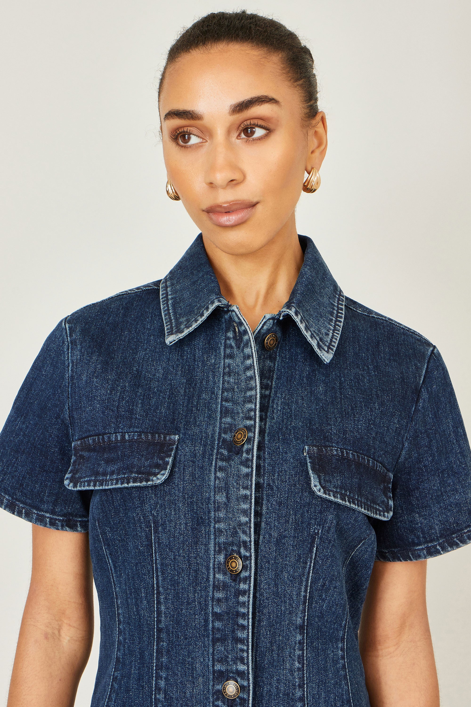 Yumi Blue Denim Stretch Shirt Dress With Pocket Details - Image 3