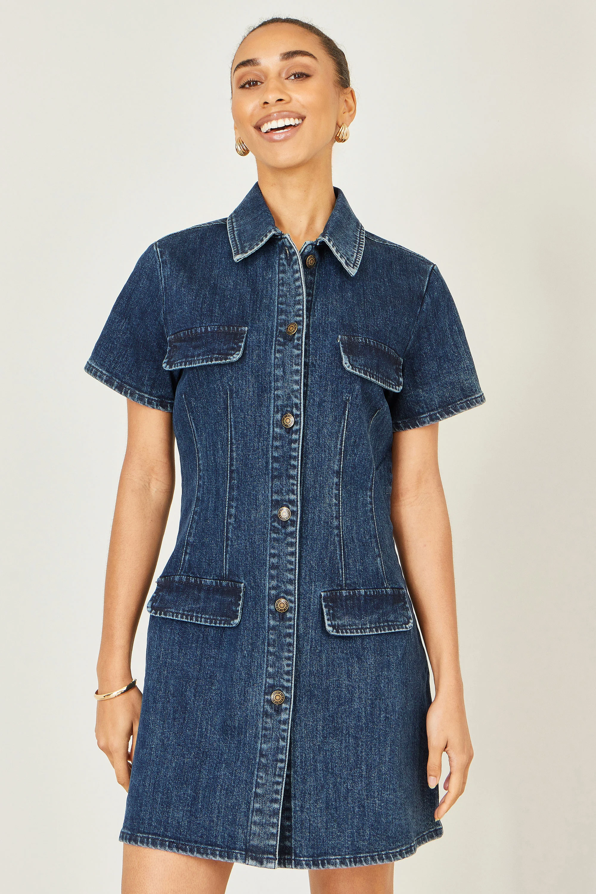 Yumi Blue Denim Stretch Shirt Dress With Pocket Details - Image 4