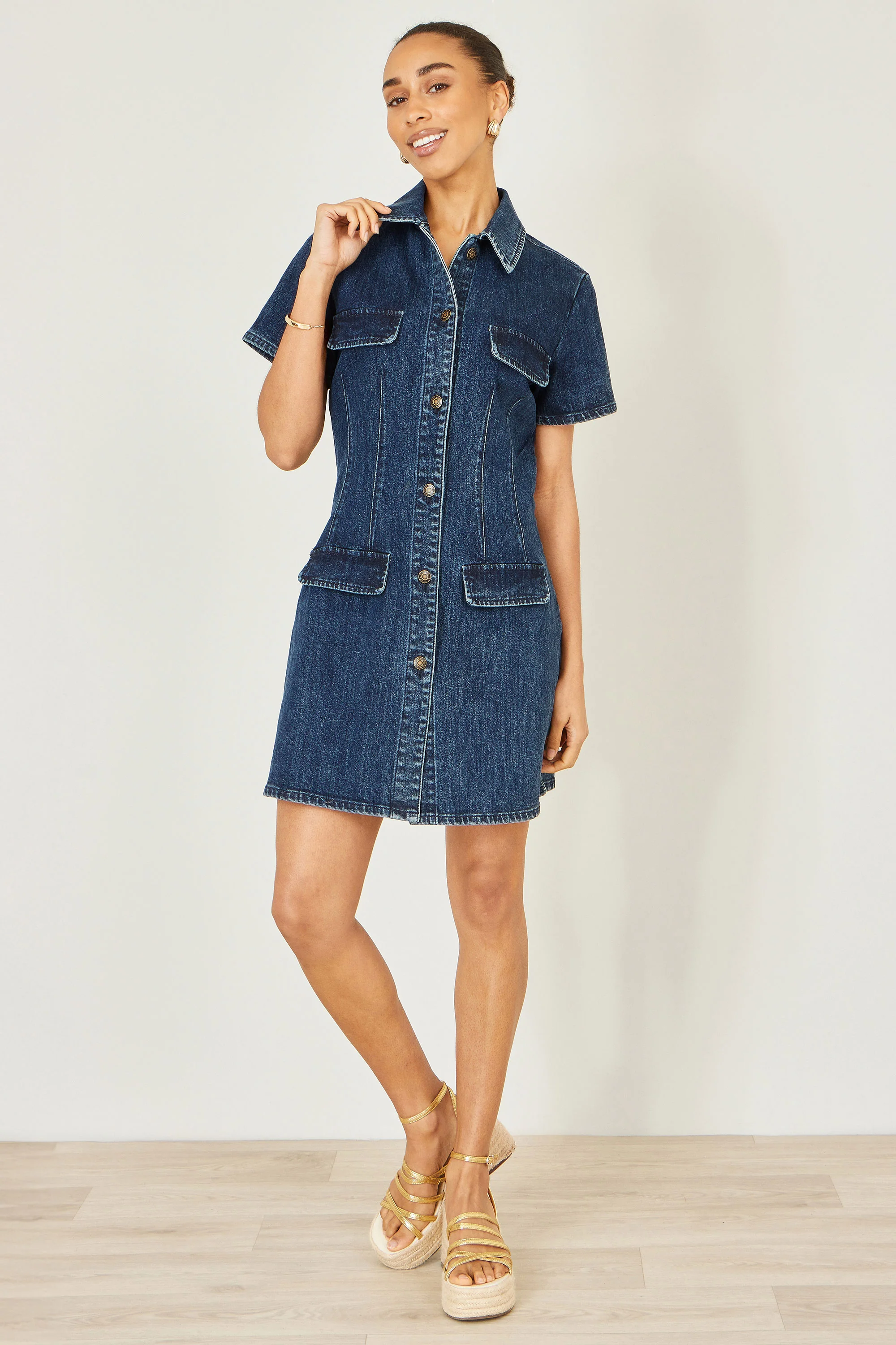 Yumi Blue Denim Stretch Shirt Dress With Pocket Details - Image 5