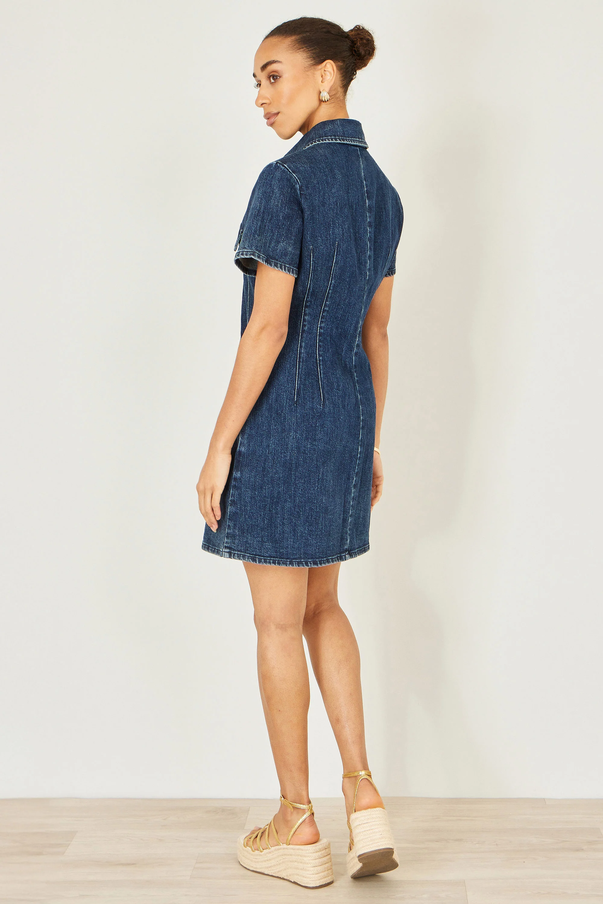 Yumi Blue Denim Stretch Shirt Dress With Pocket Details - Image 6