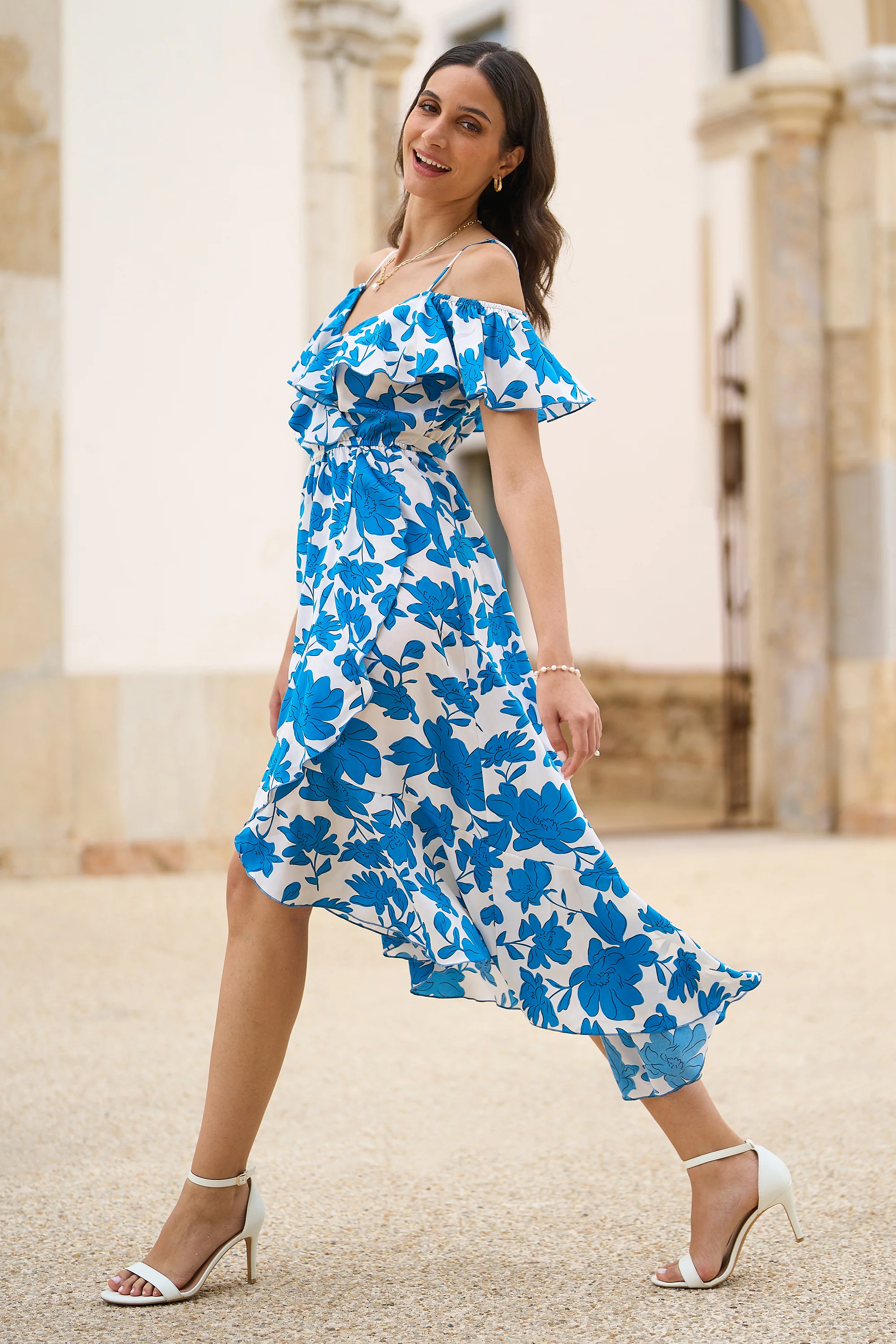 Yumi Blue Floral Print Bardot Midi Dress With Dip Hem - Image 3
