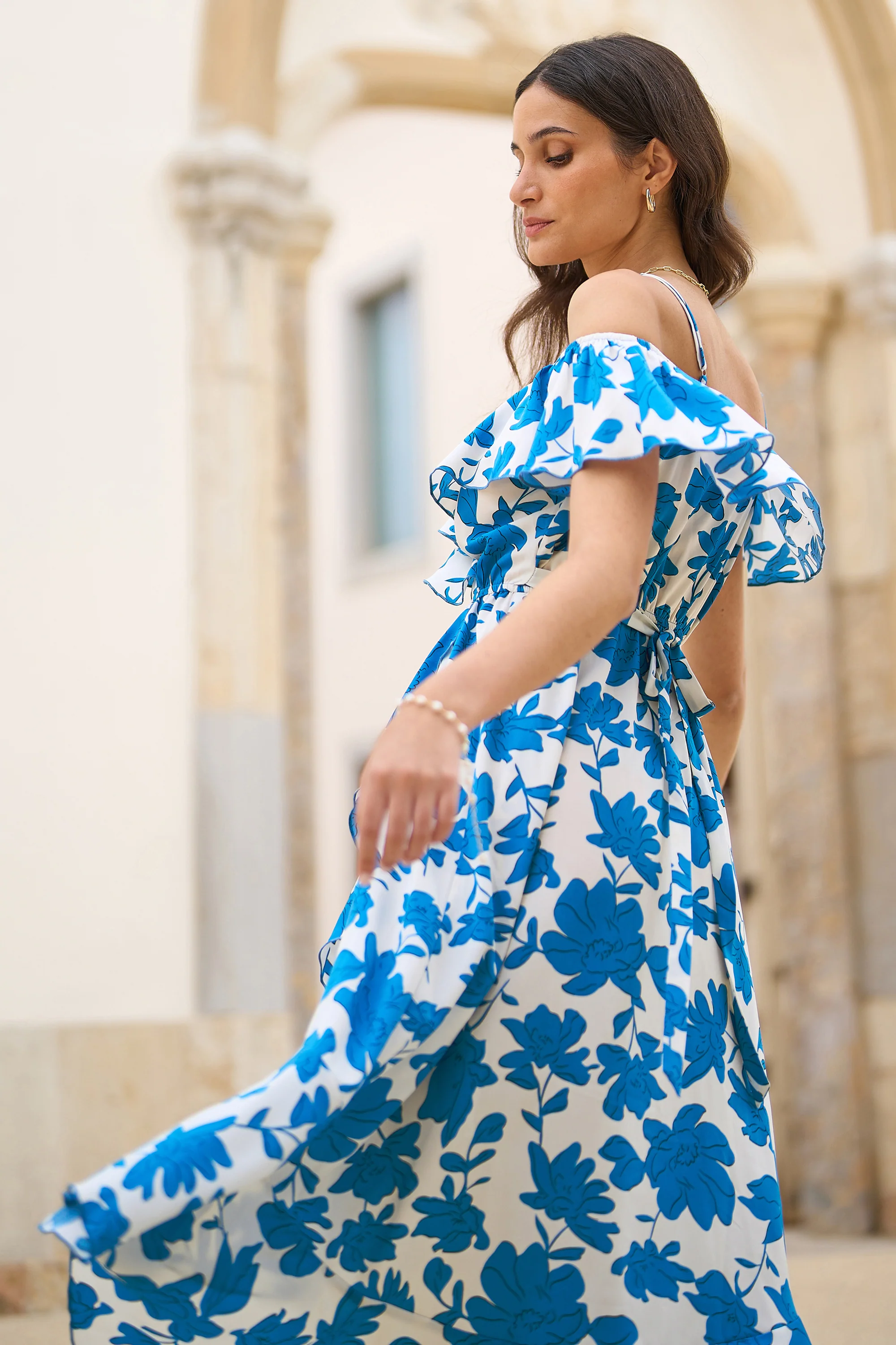 Yumi Blue Floral Print Bardot Midi Dress With Dip Hem - Image 4