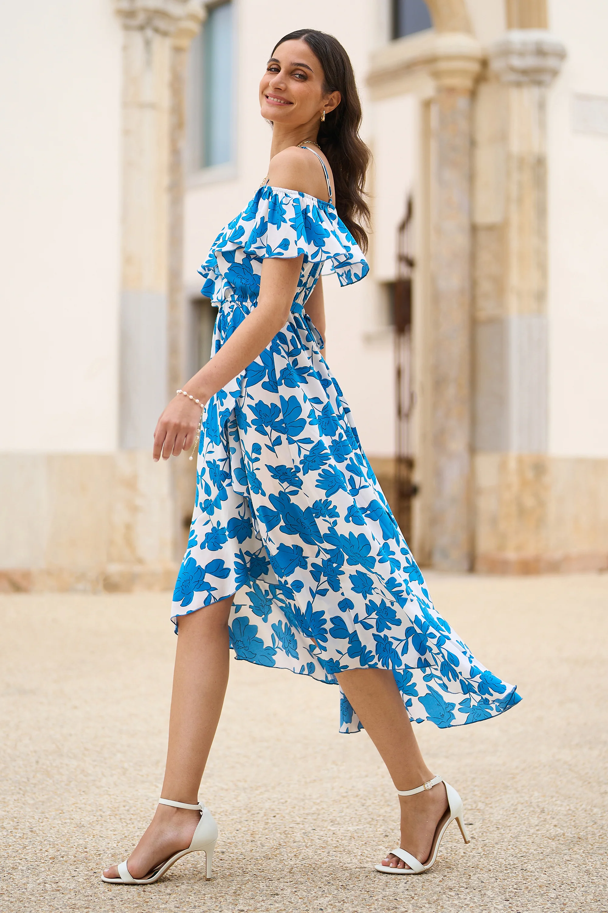 Yumi Blue Floral Print Bardot Midi Dress With Dip Hem - Image 7