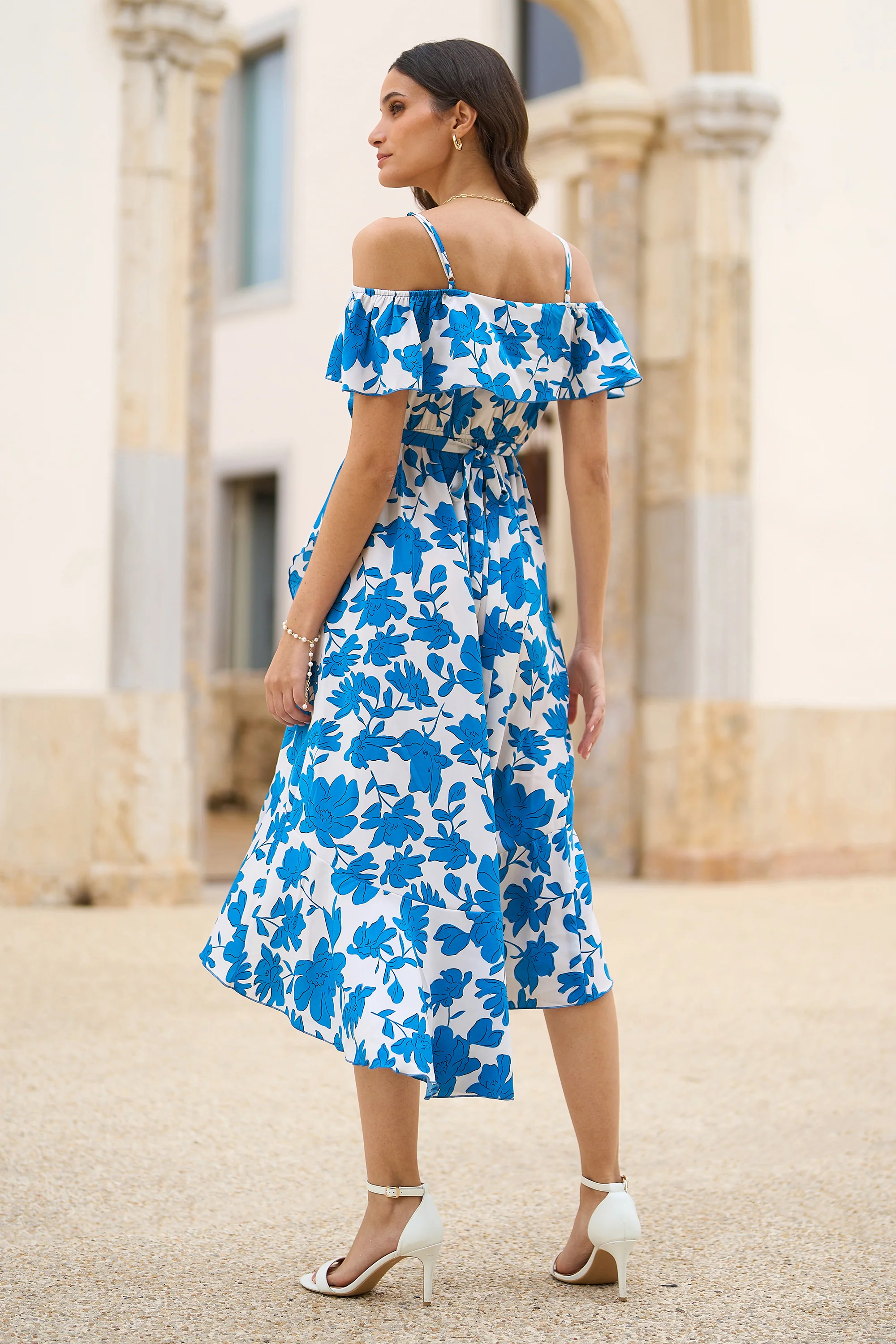 Yumi Blue Floral Print Bardot Midi Dress With Dip Hem - Image 8