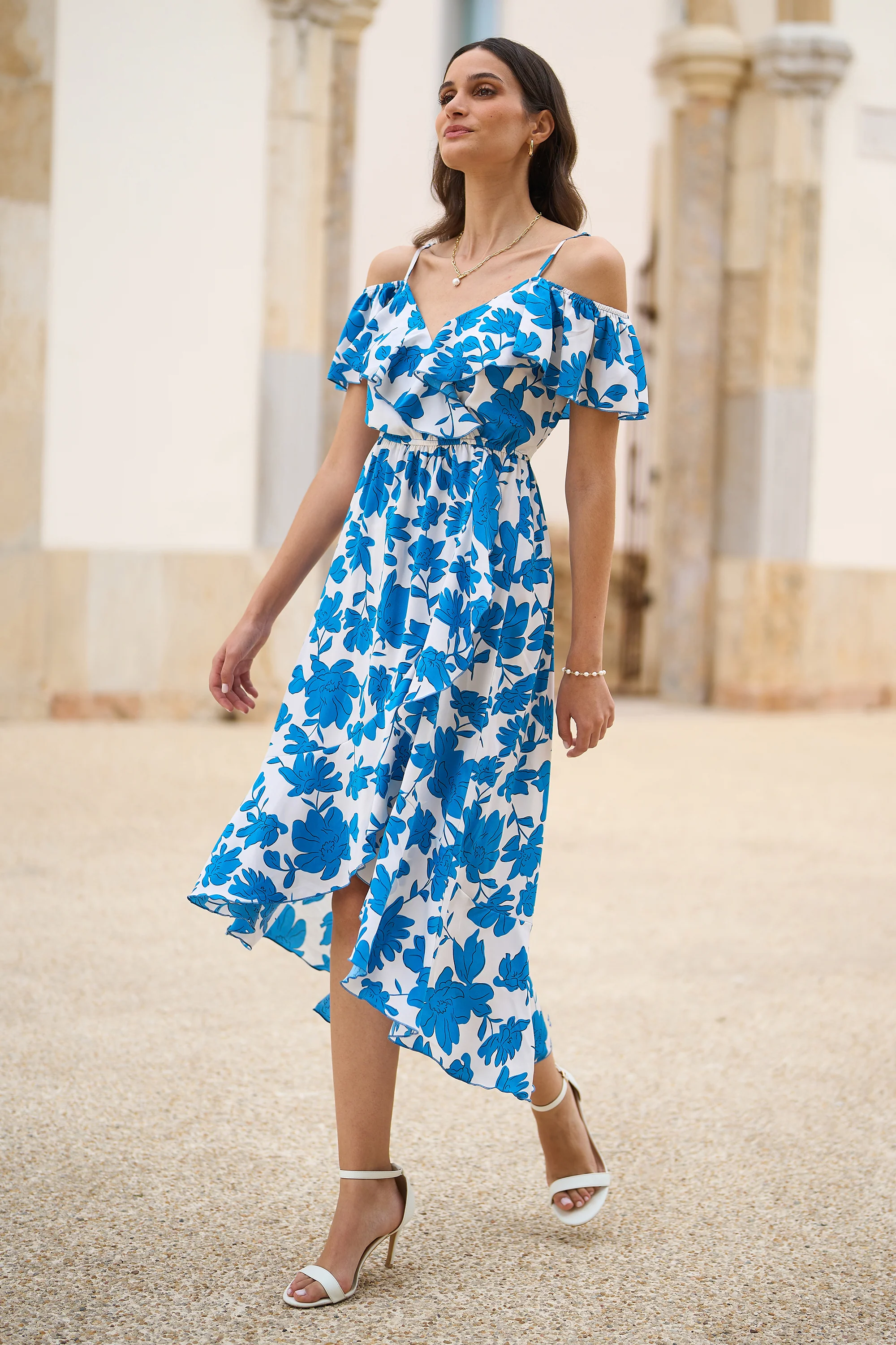Yumi Blue Floral Print Bardot Midi Dress With Dip Hem - Image 9