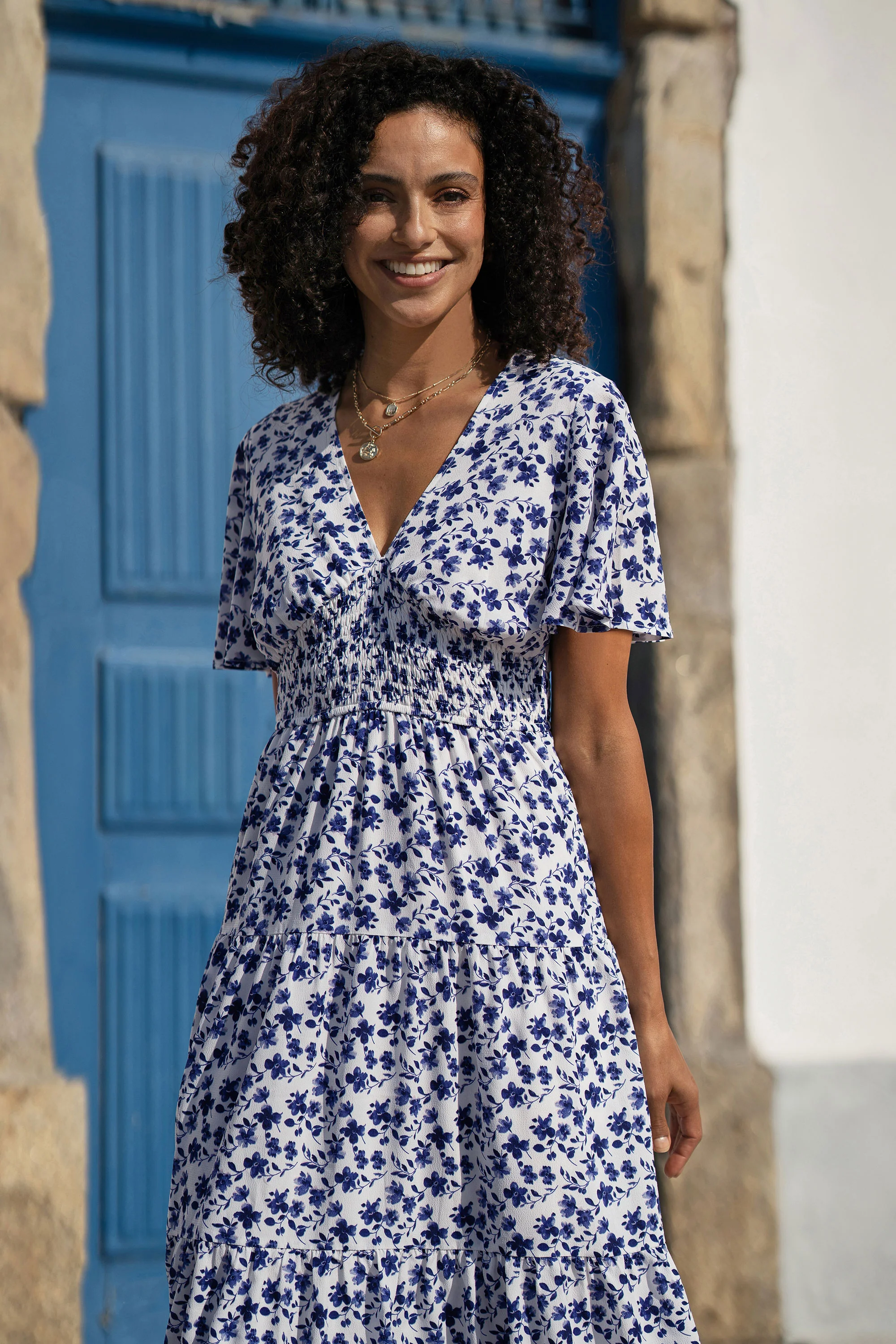 Yumi Blue Floral Ruched Waist Midi Dress With Angel Sleeves - Image 2