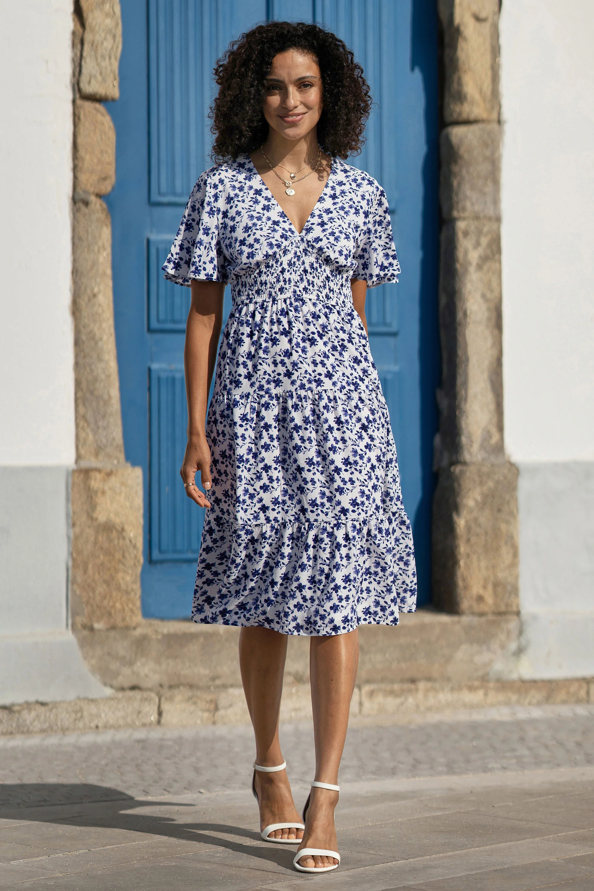 Yumi Blue Floral Ruched Waist Midi Dress With Angel Sleeves - Image 3