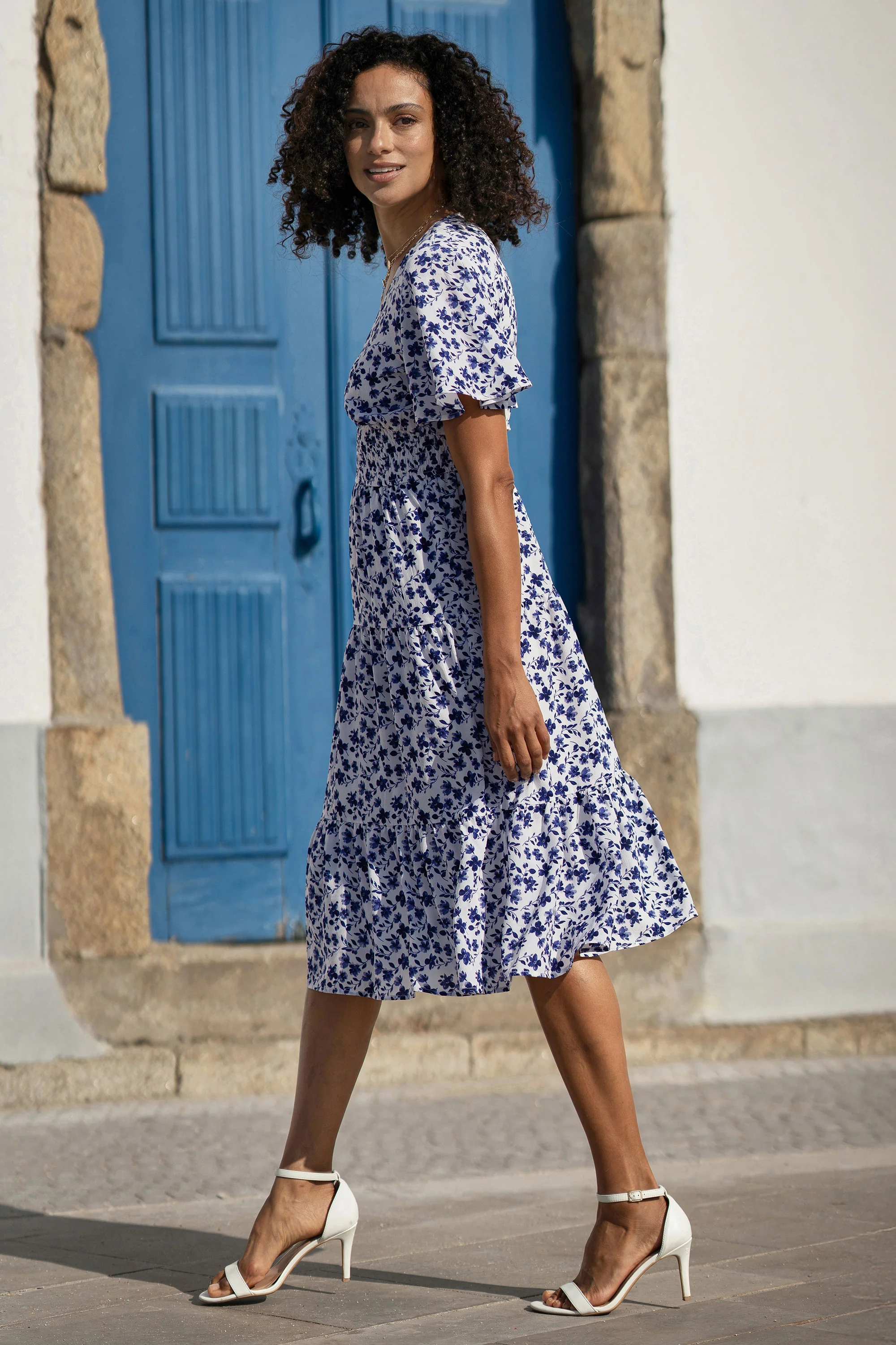 Yumi Blue Floral Ruched Waist Midi Dress With Angel Sleeves - Image 5