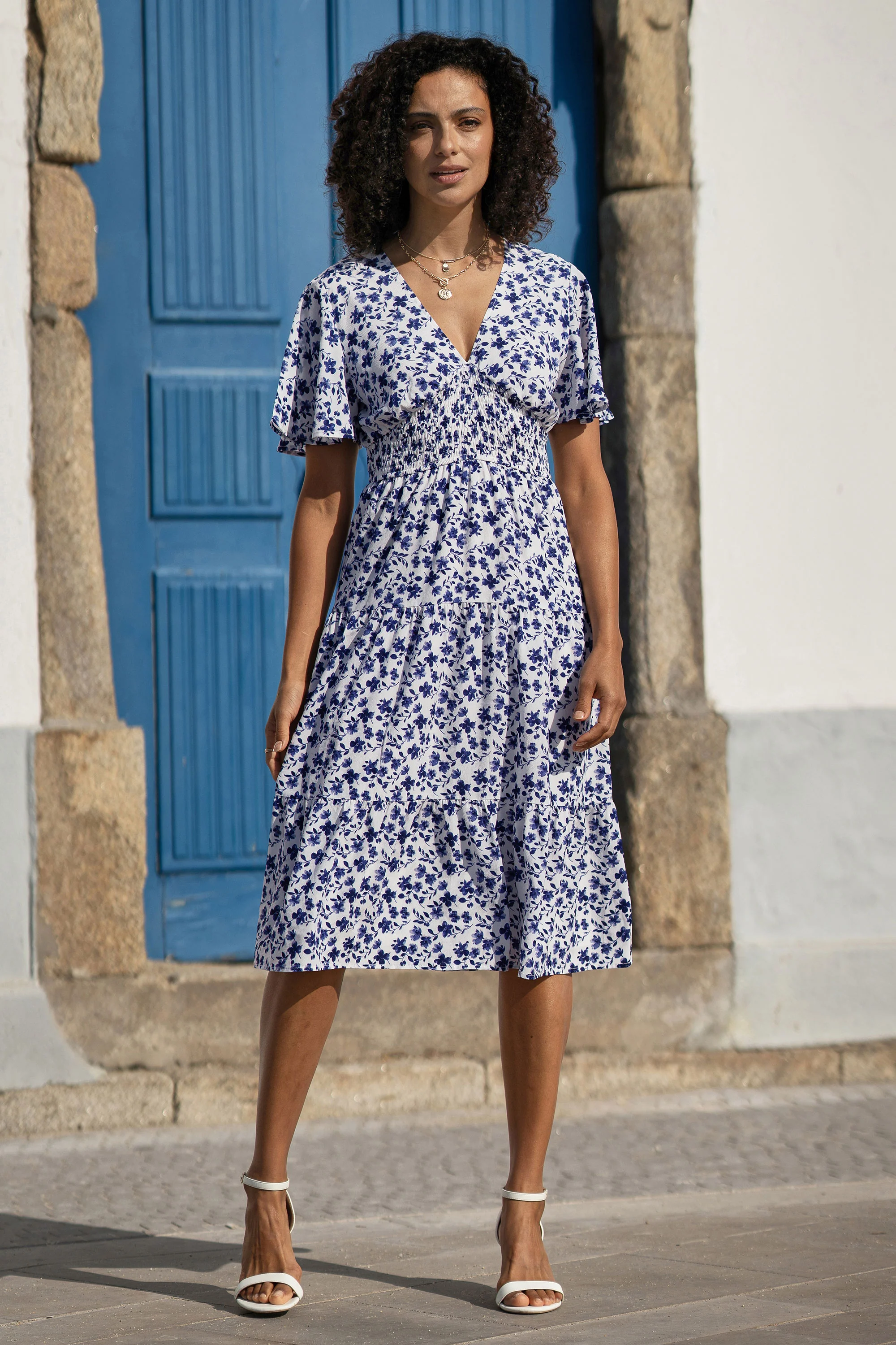 Yumi Blue Floral Ruched Waist Midi Dress With Angel Sleeves - Image 6