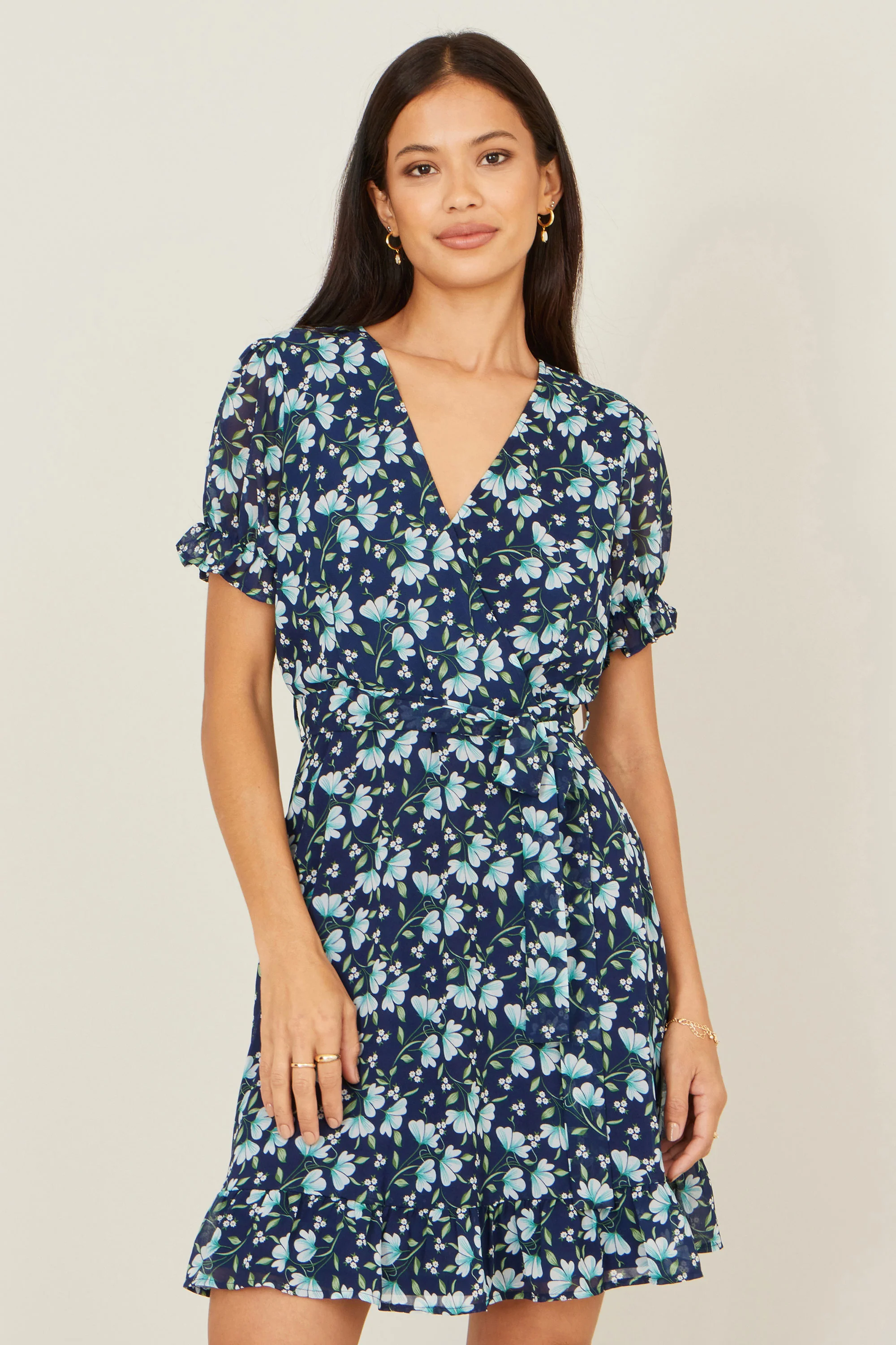 Yumi Blue Floral Skater Wrap Dress - Image 2