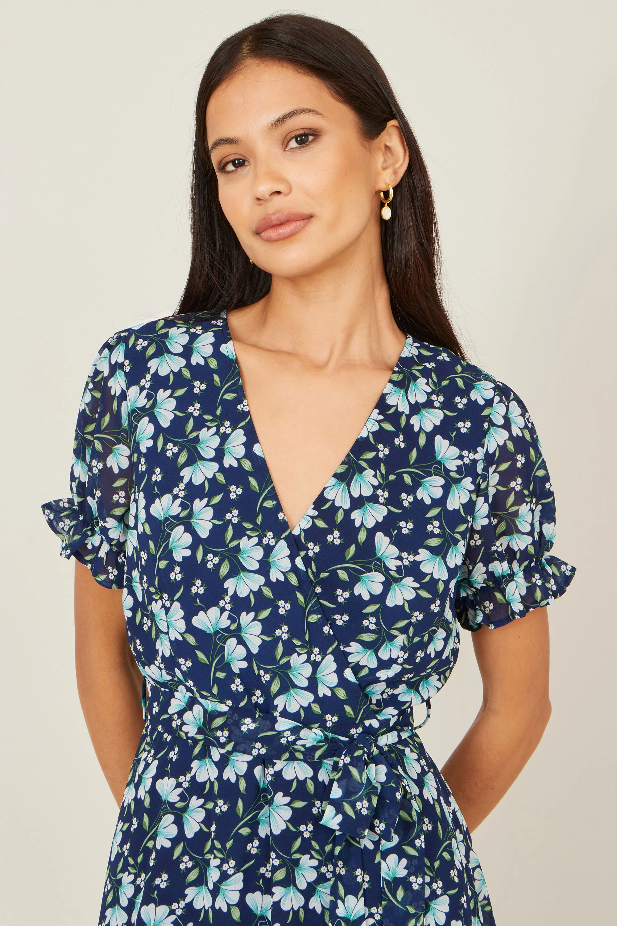 Yumi Blue Floral Skater Wrap Dress - Image 3