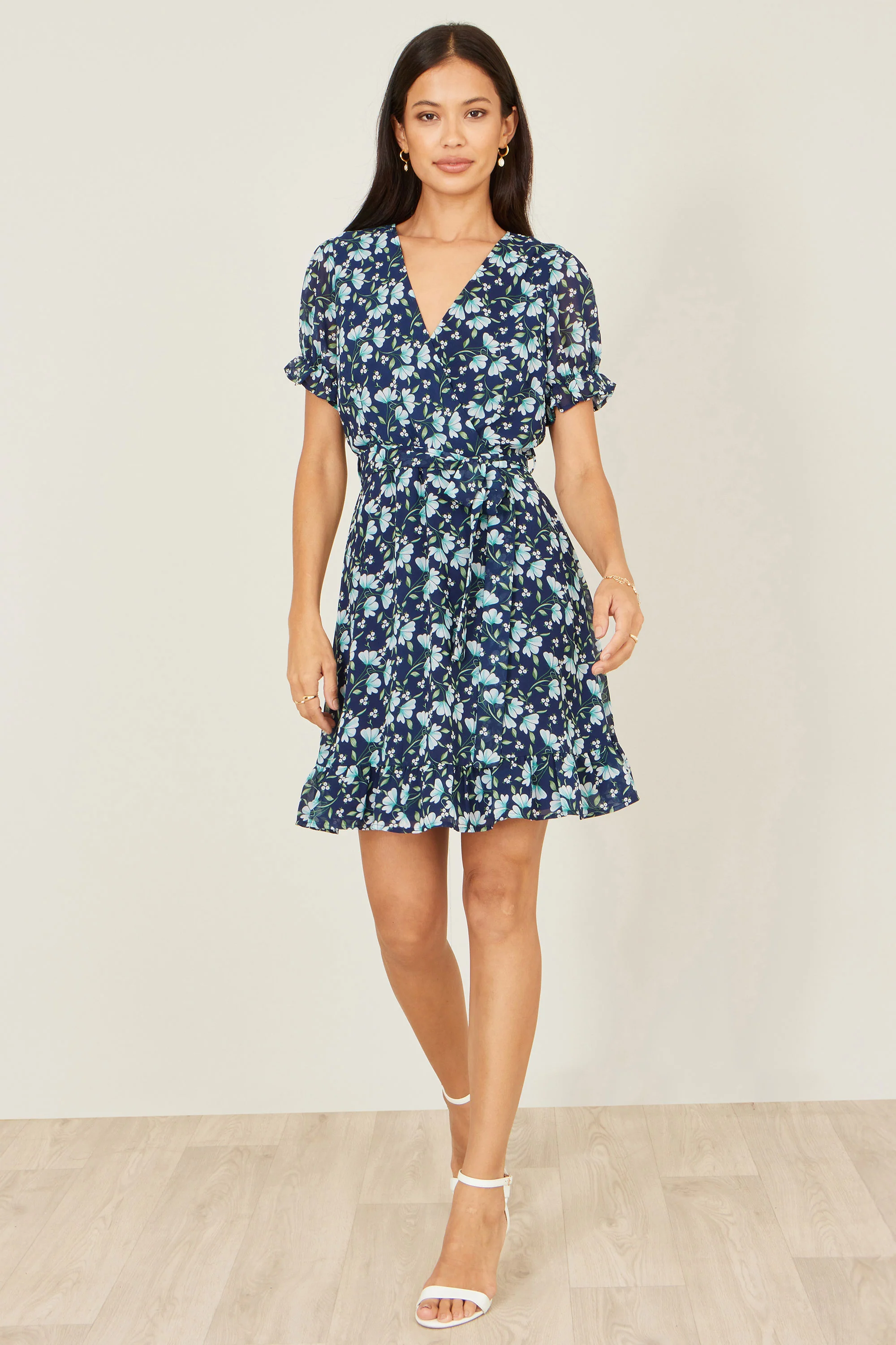 Yumi Blue Floral Skater Wrap Dress - Image 4