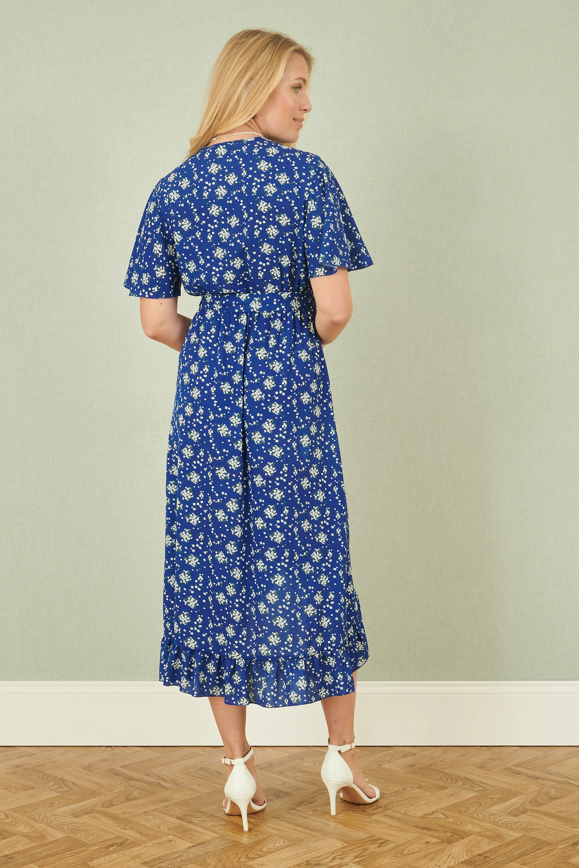 Yumi Blue Floral Wrap Dress With Frill Hem - Image 3
