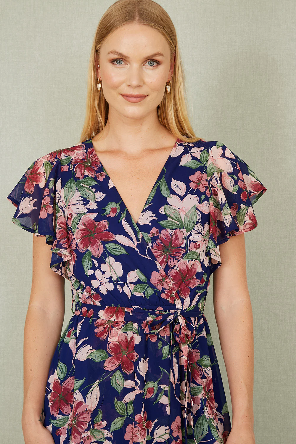 Yumi Blue Floral Wrap Midi Dress With Frill Hem - Image 2