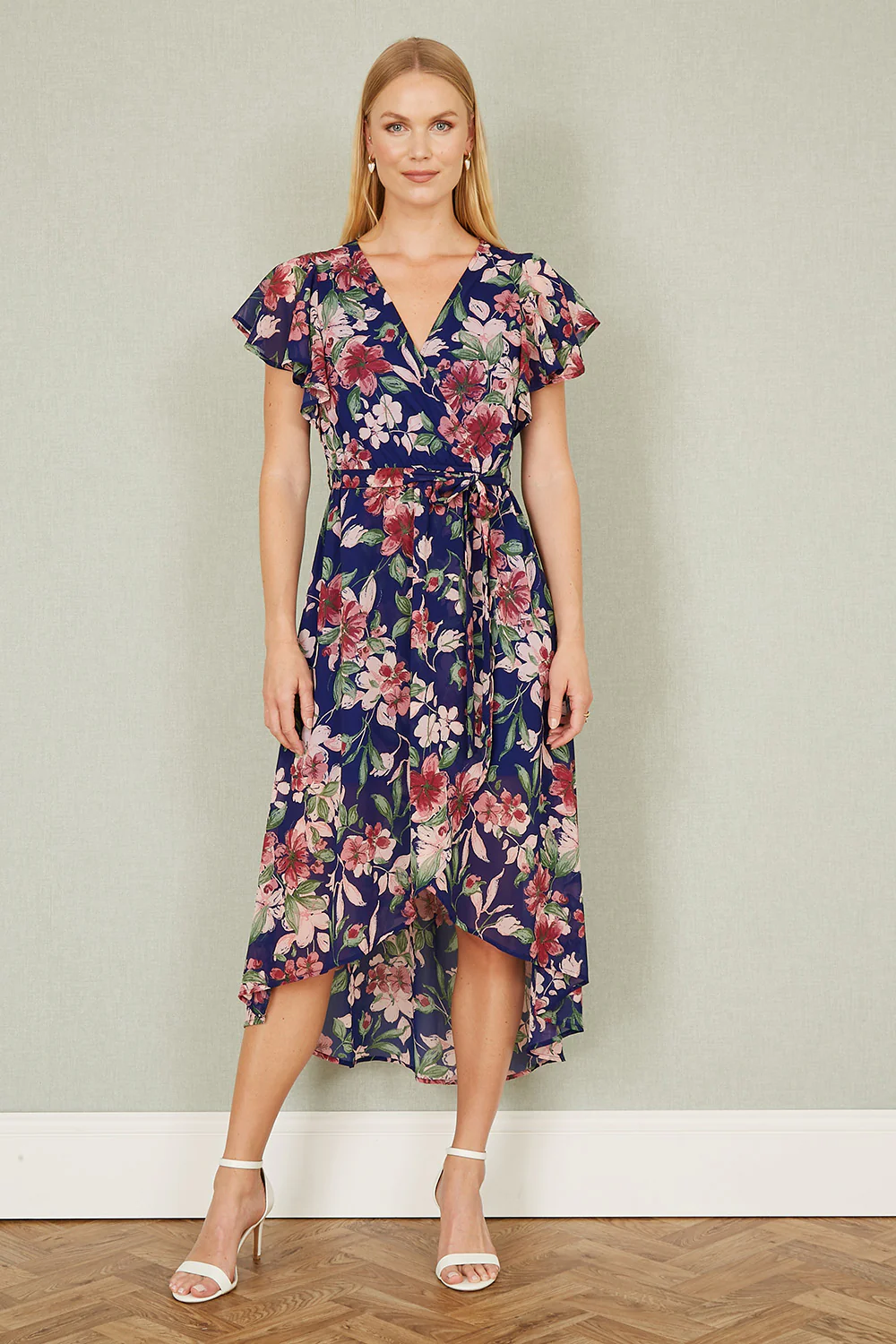 Yumi Blue Floral Wrap Midi Dress With Frill Hem - Image 4