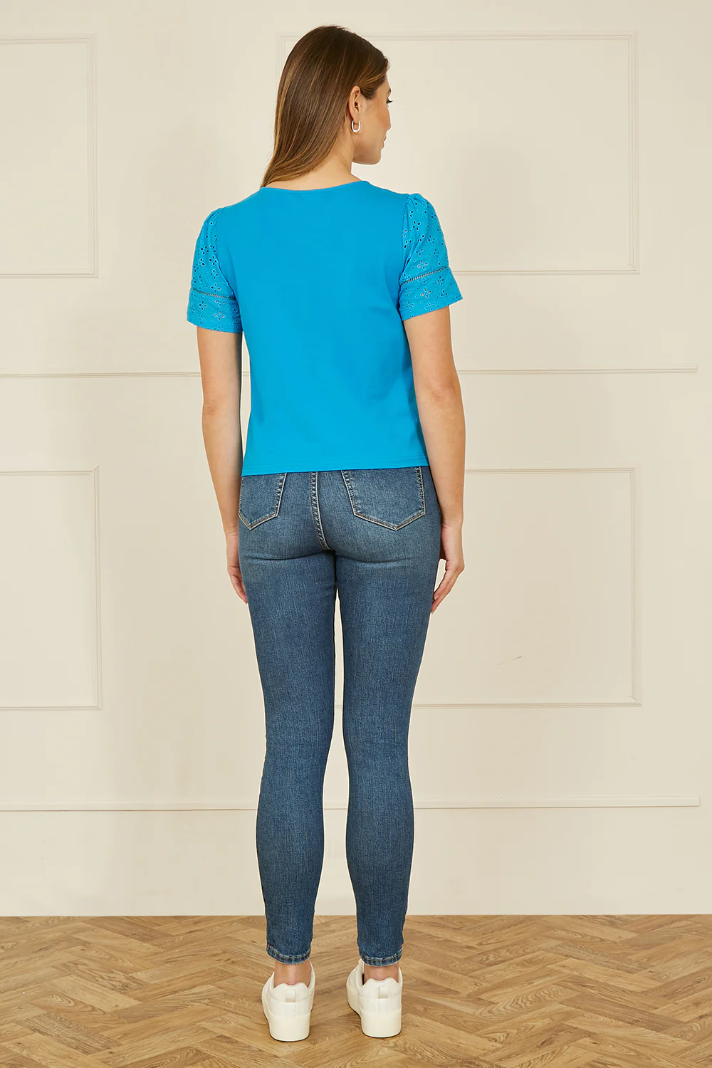 Yumi Blue Jersey Button Detail T-Shirt With Broderie Anglaise Sleeves And Tie Front - Image 3