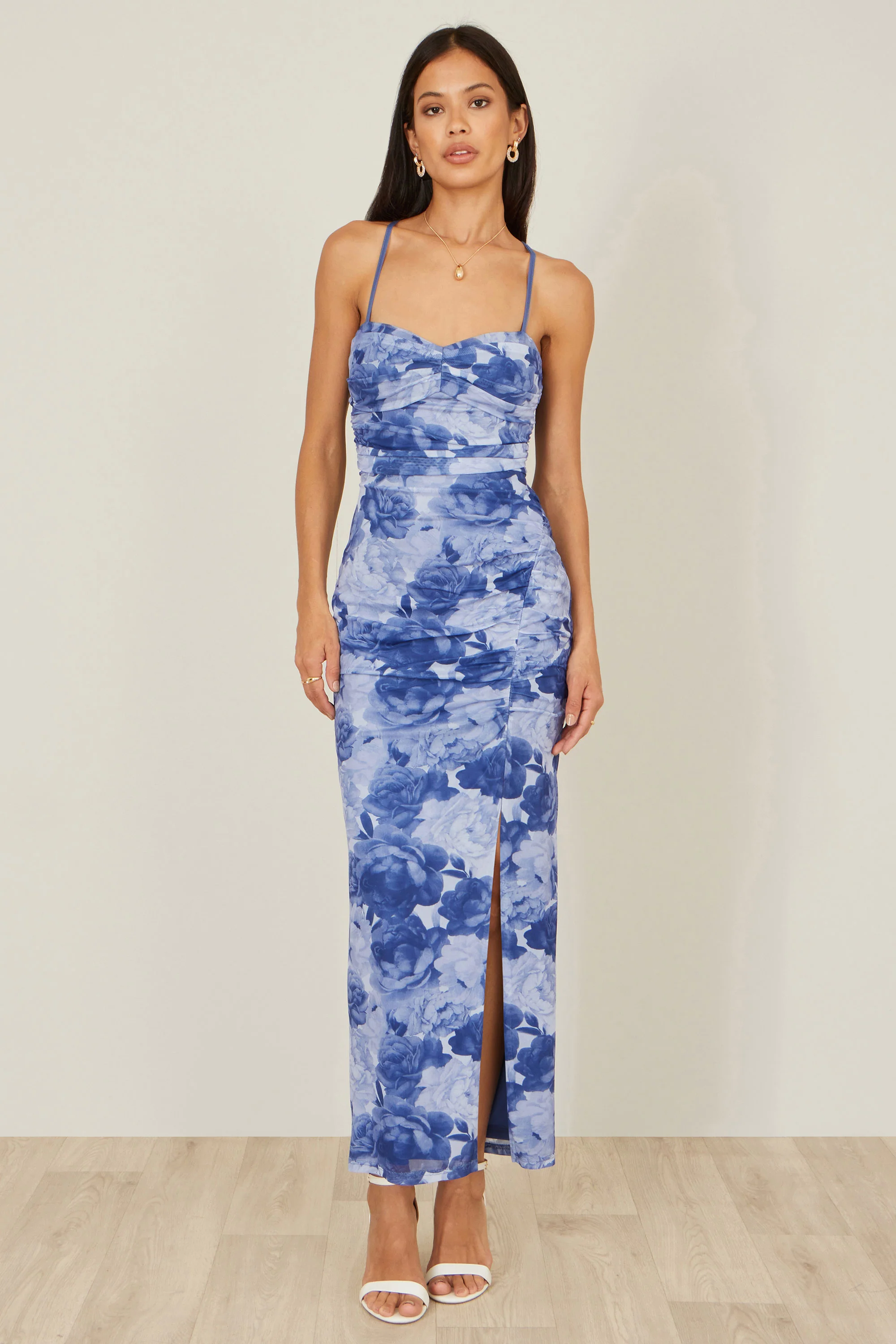 Yumi Blue Mesh Ruched Midi Dress With Split - Image 5