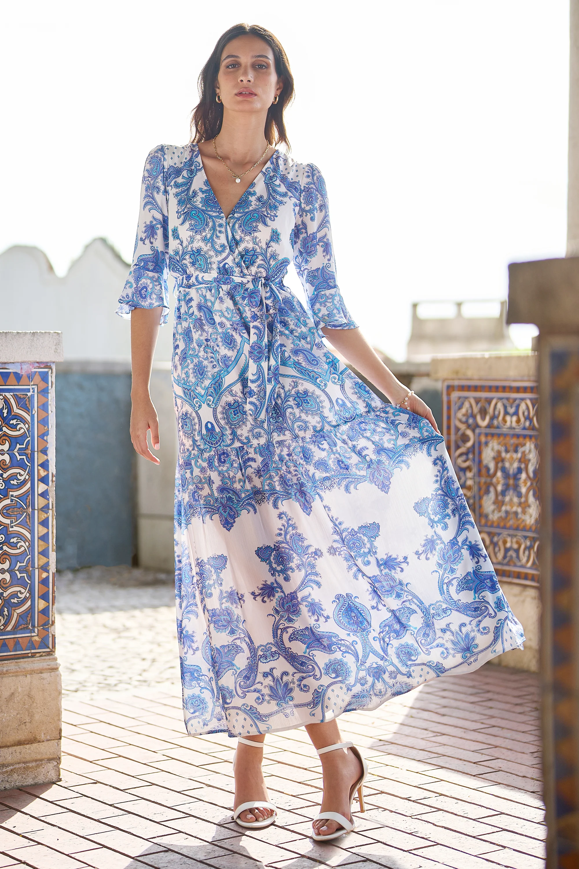 Yumi Blue Paisley Wrap Maxi Dress With 3/4 Sleeve - Image 4