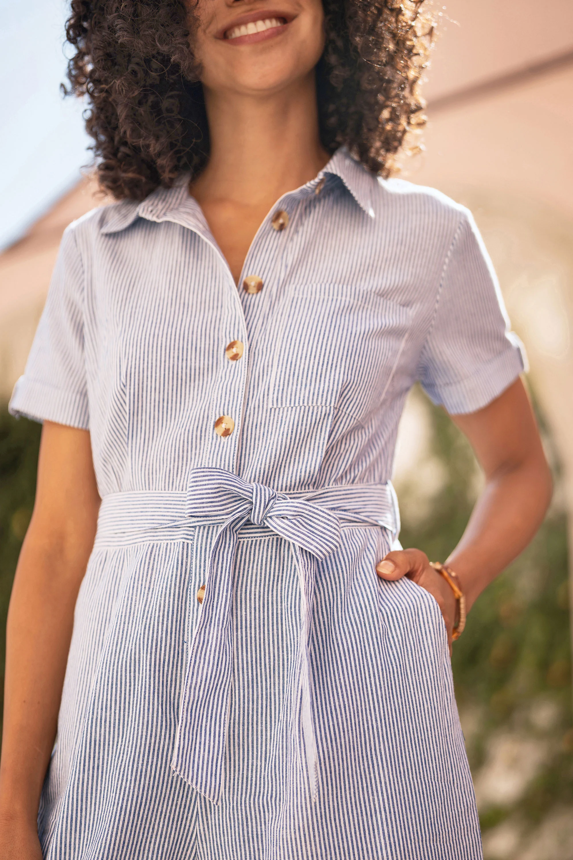 Yumi Blue Pinstripe Cotton Jumpsuit - Image 2