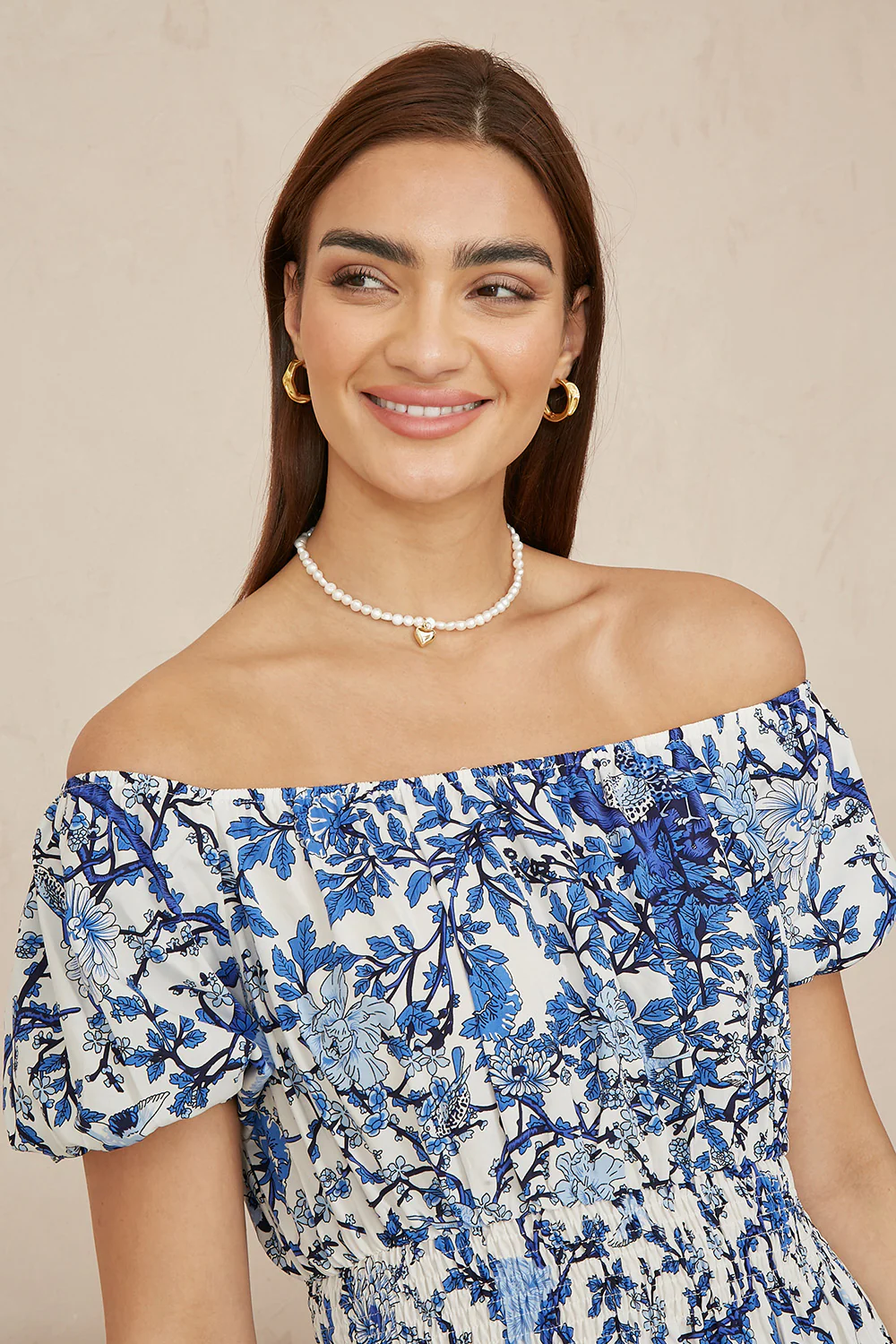 Yumi Blue Ruched Waist Bardot Blossom Tree Print Midi Dress - Image 2