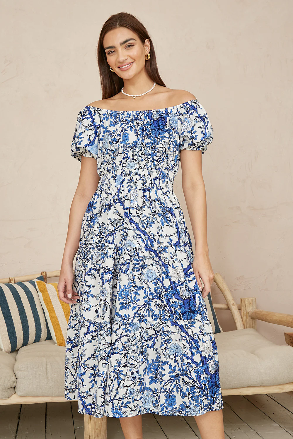 Yumi Blue Ruched Waist Bardot Blossom Tree Print Midi Dress - Image 3