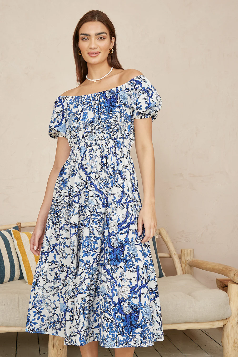 Yumi Blue Ruched Waist Bardot Blossom Tree Print Midi Dress - Image 5
